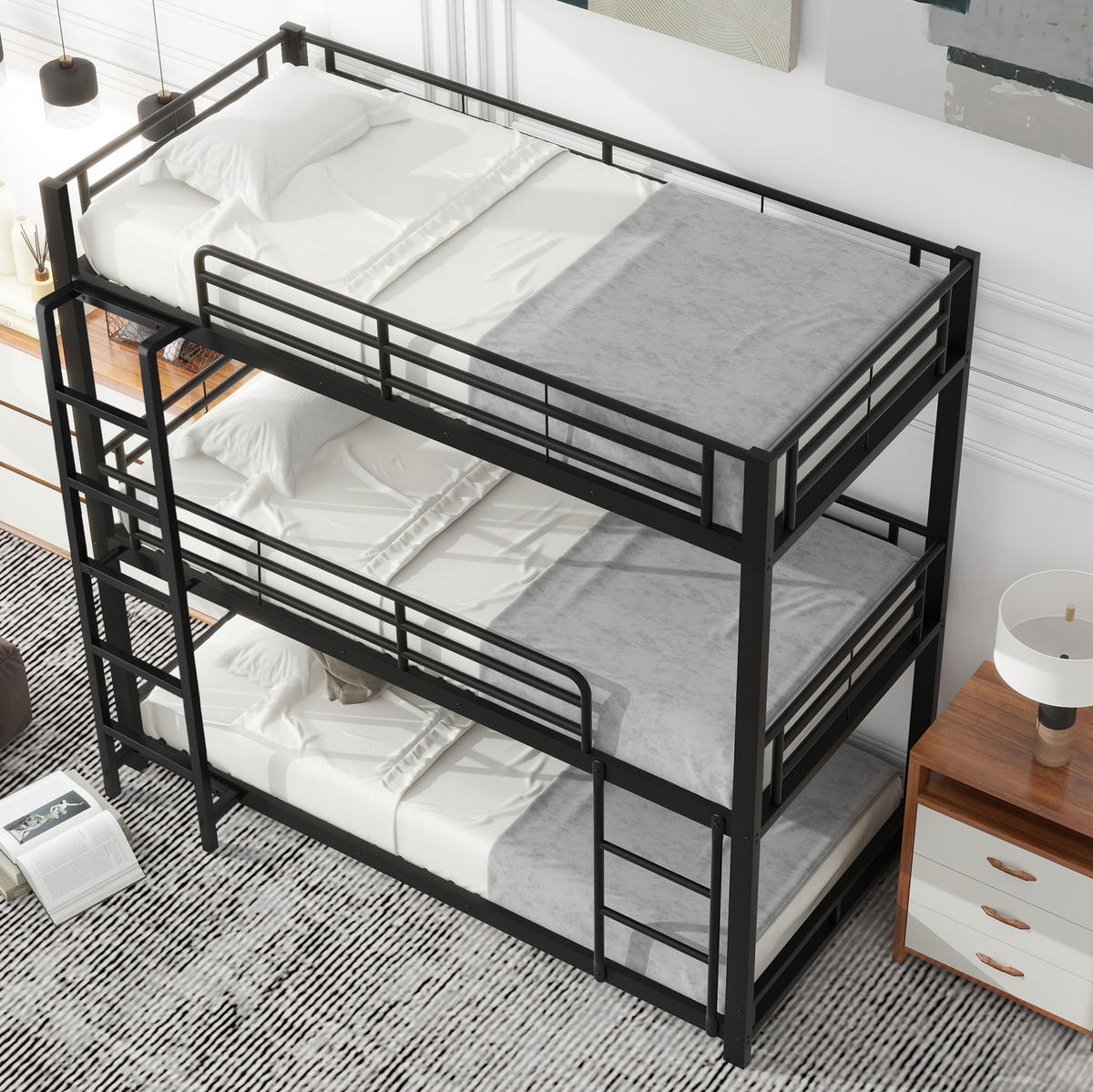 ETAGENBETT 90/200 cm aus Metall in Schwarz, Dreifachbett mit Leiter - Schwarz, Metall (90/200cm) - Flora Grace