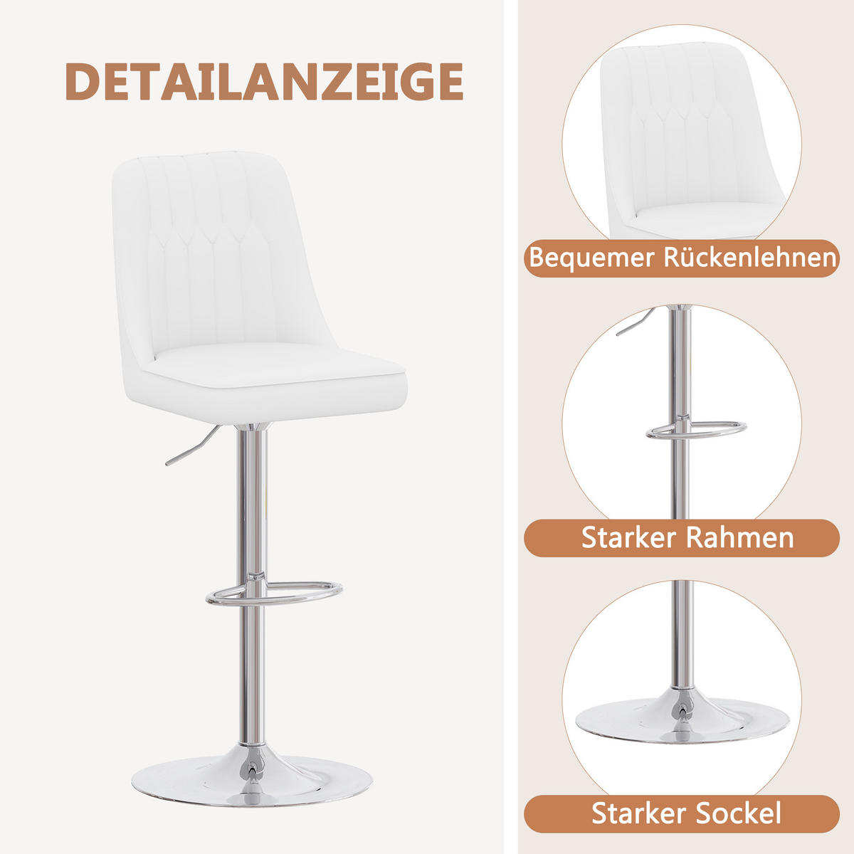 BARHOCKER Weiß 2er-Set Höhenverstellbar & Drehbar mit PU-Leder - Weiß, Metall (44/95.5/44cm) - PANGIVO
