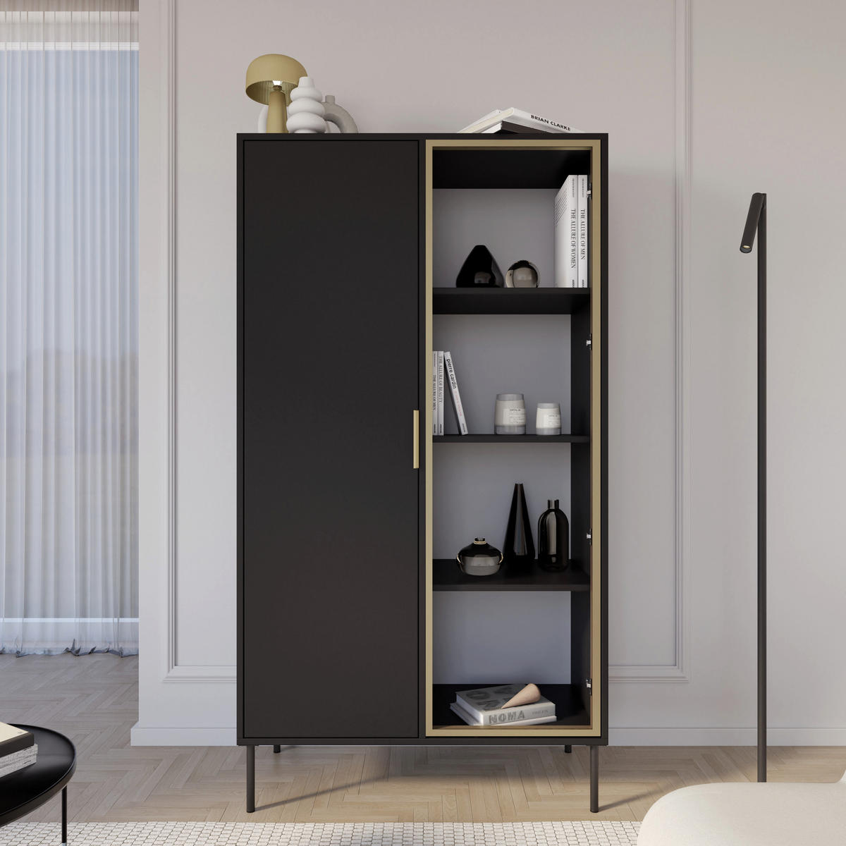 VITRINE Vena Schwarz 90 cm - Goldfarben/Schwarz, Holzwerkstoff/Kunststoff (90/160.2/40cm) - Selsey