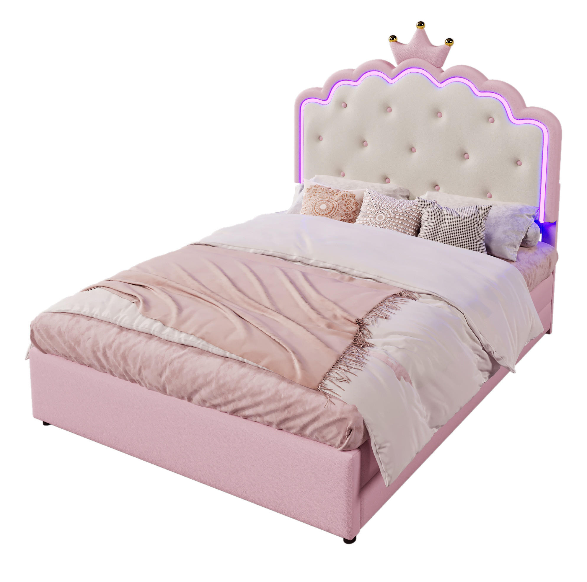 POLSTERBETT 140/200 cm aus PU und MDF mit LED-Beleuchtung, Ausziehbett und 2 Schubladen Rosa - Pink, Kunststoff (140/200cm) - Modenvie