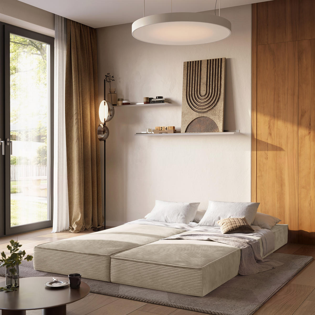 ECKSOFA NOTIA modulares Boneless Sofa mit Schlaffunktion Creme Cordstoff - Creme, Textil (200/120cm) - MASSENO