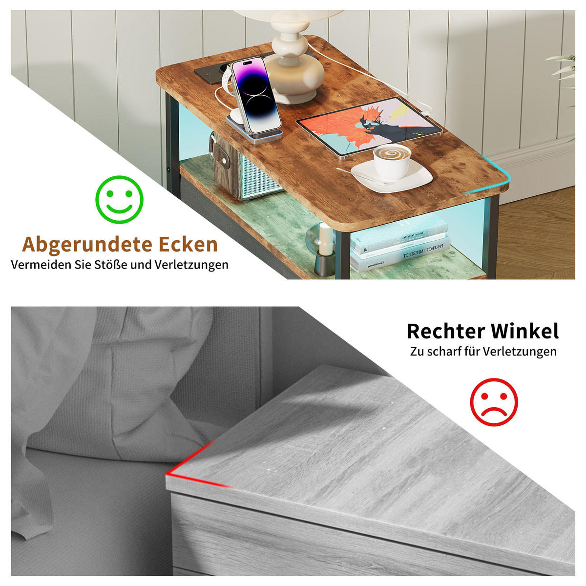 NACHTTISCH LED USB 2 Schubladen 2 Fächer Vintage braun - Braun, Holz (58/28/60.5cm) - LEBENLANG