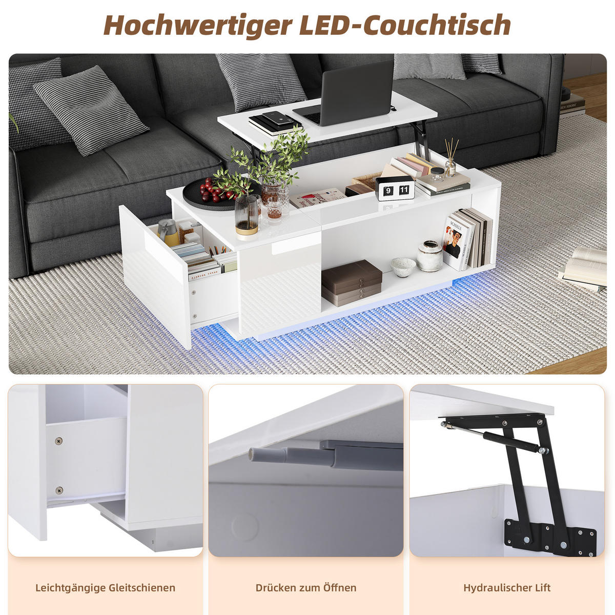 COUCHTISCH 100/50/40 cm höhenverstellbar mit verstecktem Stauraum und LED-Licht - Weiß, Holzwerkstoff (100/50/40cm) - OKWISH