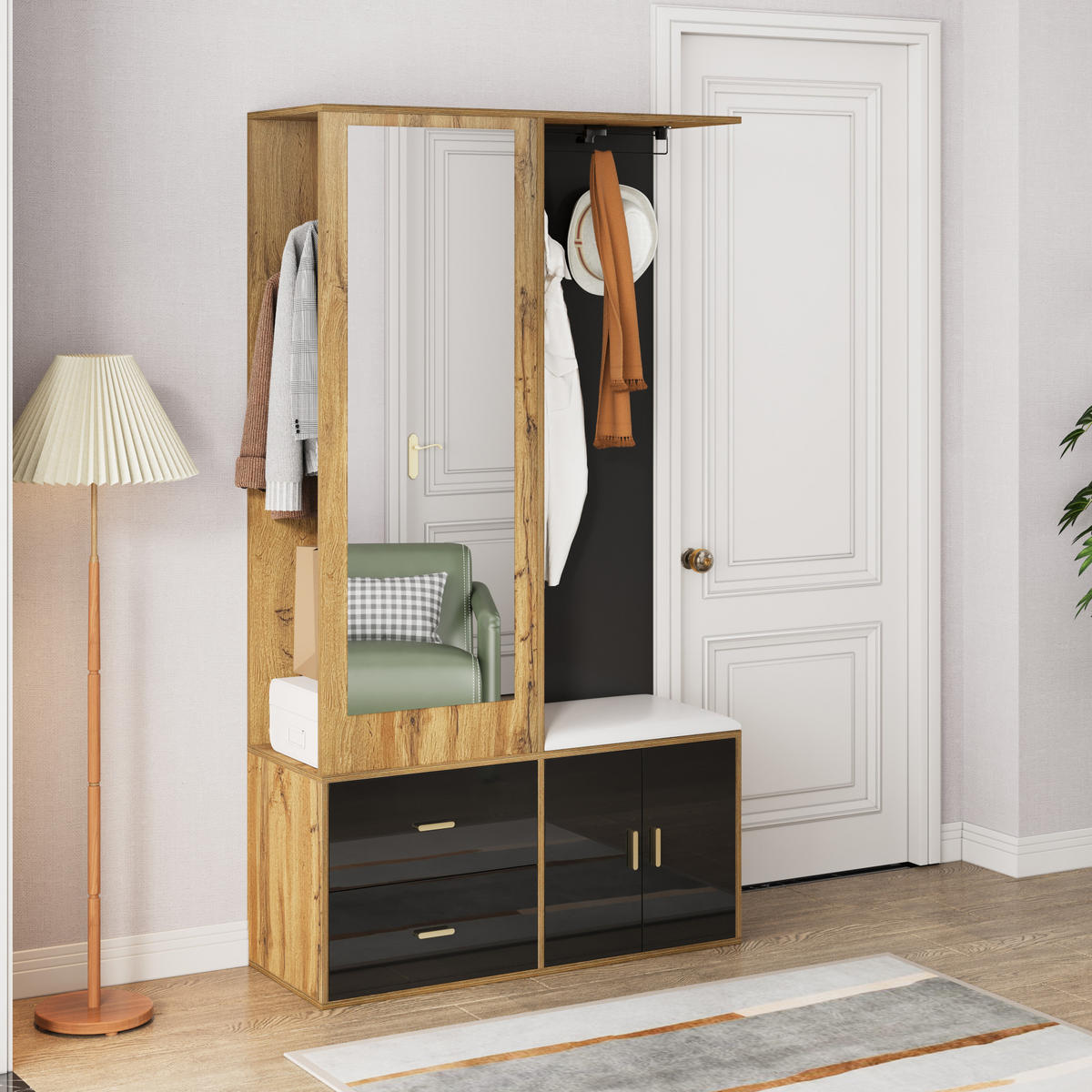 GARDEROBENSET Schwarz Holz Spiegel Schuhschrank Kleiderbügel - Schwarz, Holzwerkstoff (38/180/100cm) - FLIEKS