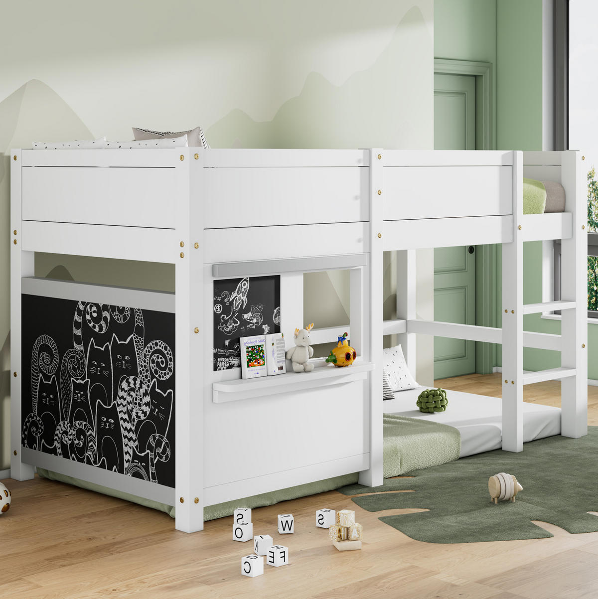 HAUSBETT 90/200 cm mit Tafel, Ablage, Treppe und Fallschutz , Weiß - Weiß, Holzwerkstoff (90/200cm) - Redom