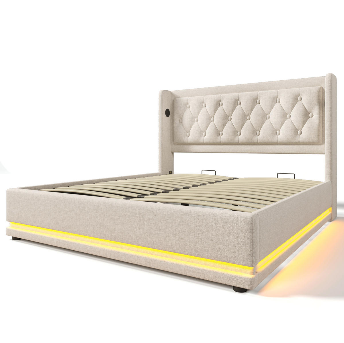 POLSTERBETT 140/200 cm mit LED-Beleuchtung, USB-C, hydraulischem Bettkasten und Matratze, Baumwolle, Beige - Beige, Textil (140/200cm) - Redom