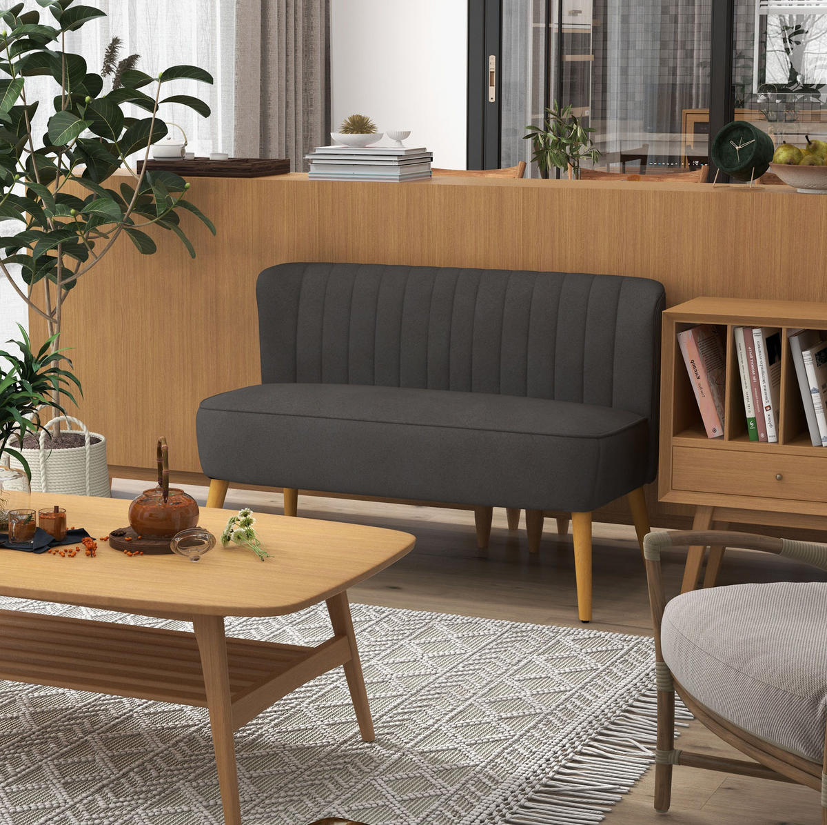 2-SITZER Sofa aus Polyester 117x56,5x77 cm in Dunkelgrau mit Federkern - Dunkelgrau, Textil (56.5/77/117cm) - Modfu