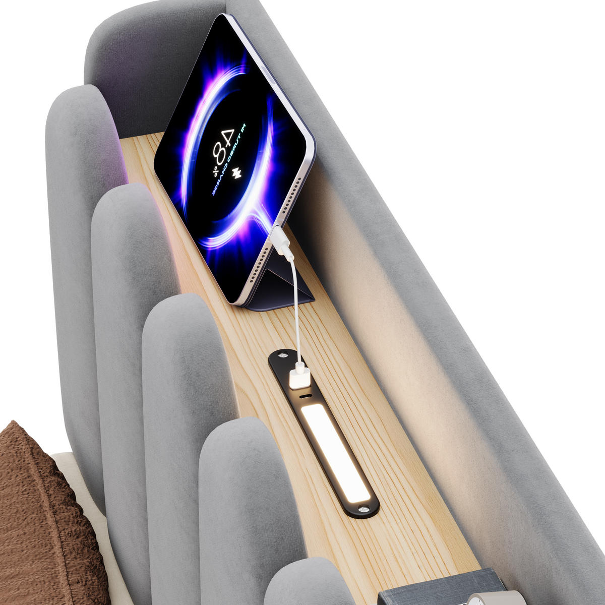 POLSTERBETT 90/200 cm in Grau mit Bettkasten, Kopfteil, USB-, Type-C-Ladestation und Leselampe aus Samt - Grau, Holzwerkstoff/Textil (90/200cm) - STILVORA
