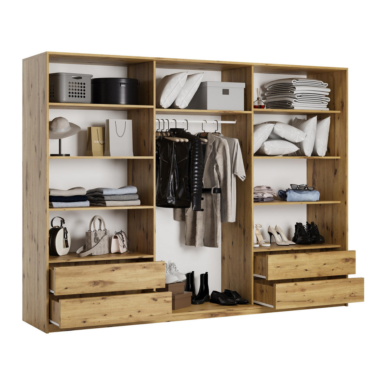 SCHWEBETÜRENSCHRANK VONTE 250/205/60 cm 3-türig mit Lamellen Eiche Artisan - Schwarz/Eiche Artisan, Holzwerkstoff (250/205/60cm) - MASSENO