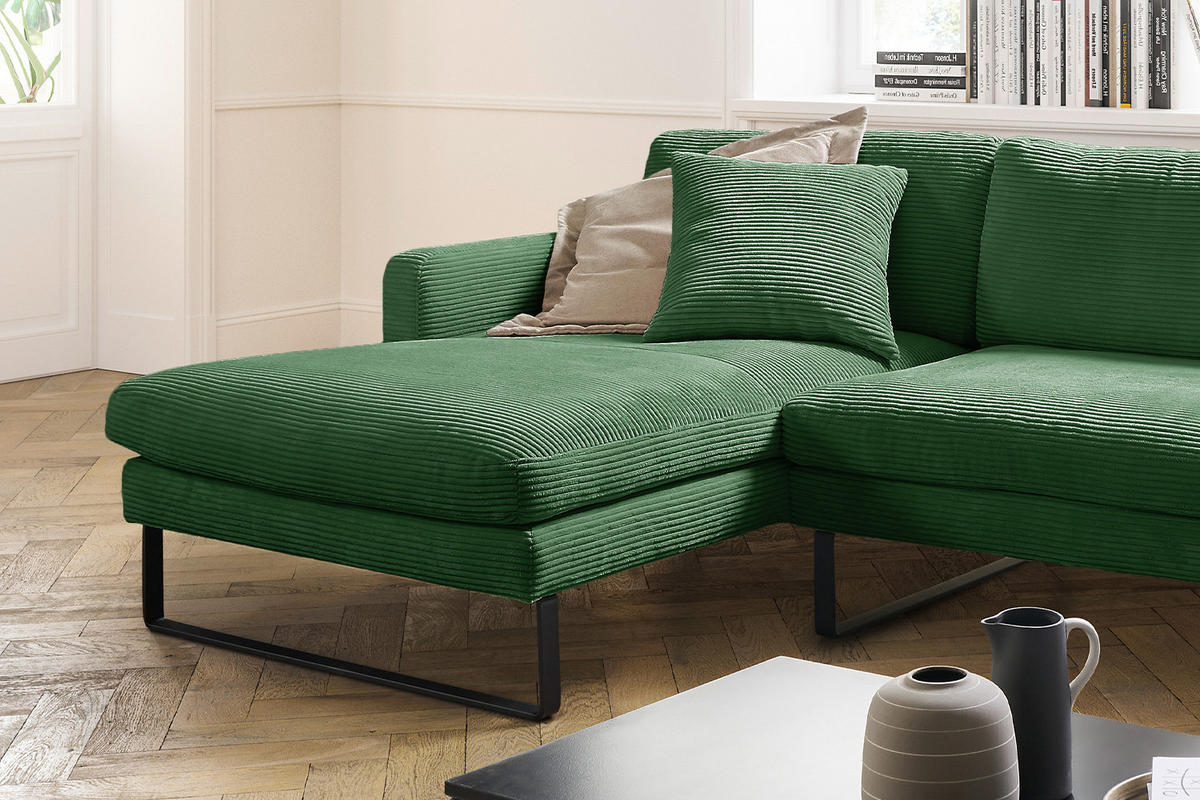 ECKSOFA RICARDA Smaragdgrün Cord - Smaragdgrün/Schwarz, Textil/Metall (298/154cm) - KAWOLA