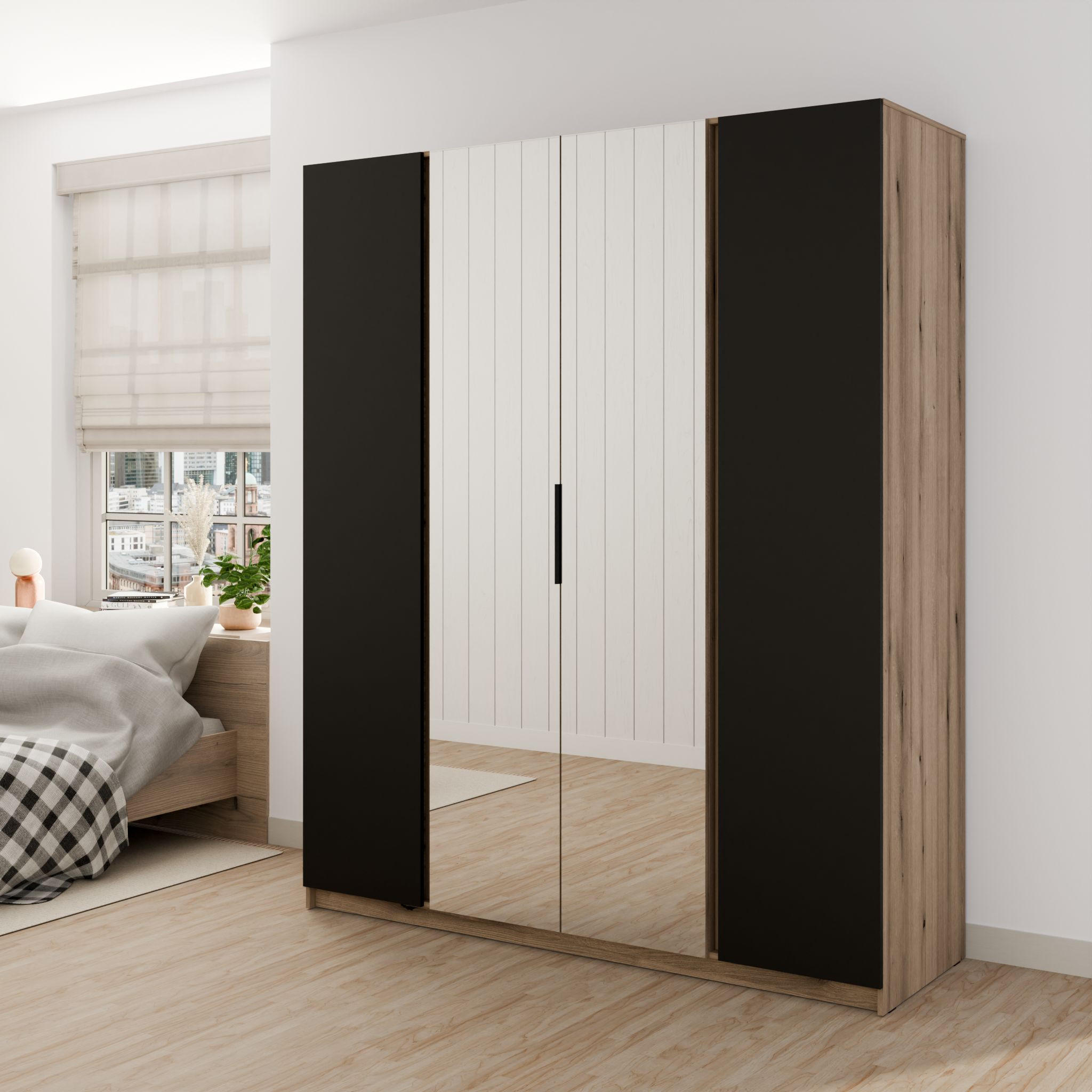 DREHTÜRENSCHRANK CAGLIARI 200/239/61,9cm 4-türig mit Spiegel Goldfarben - Goldfarben/Schwarz, Holzwerkstoff (200/239/61.9cm) - MASSENO