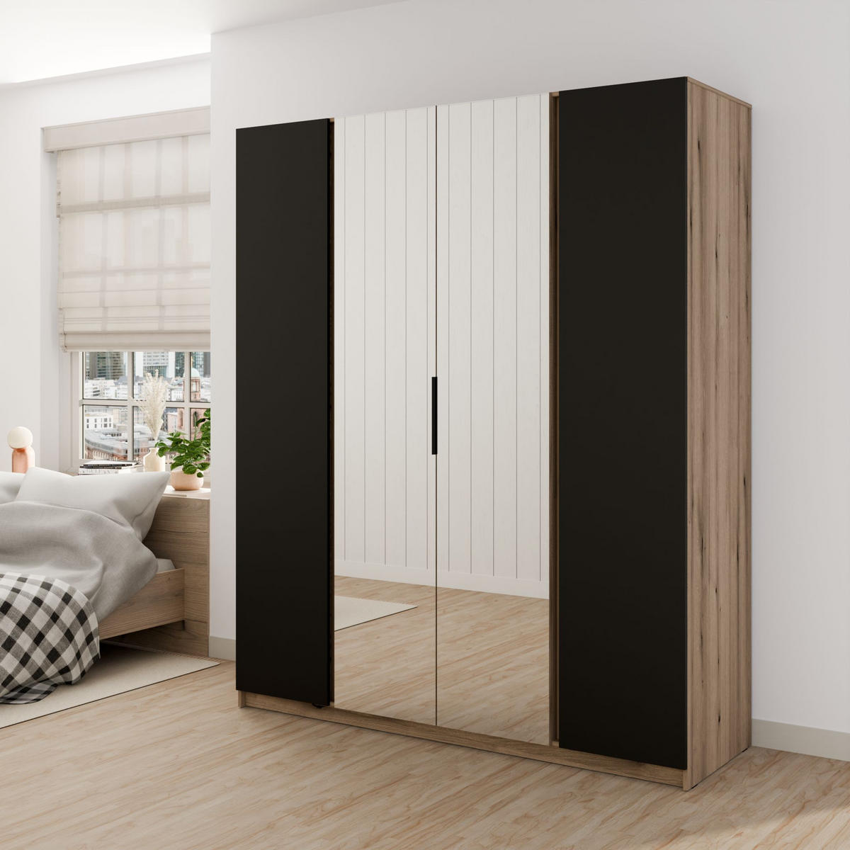 DREHTÜRENSCHRANK CAGLIARI 200/239/61,9cm 4-türig mit Spiegel Goldfarben - Goldfarben/Schwarz, Holzwerkstoff (200/239/61.9cm) - MASSENO