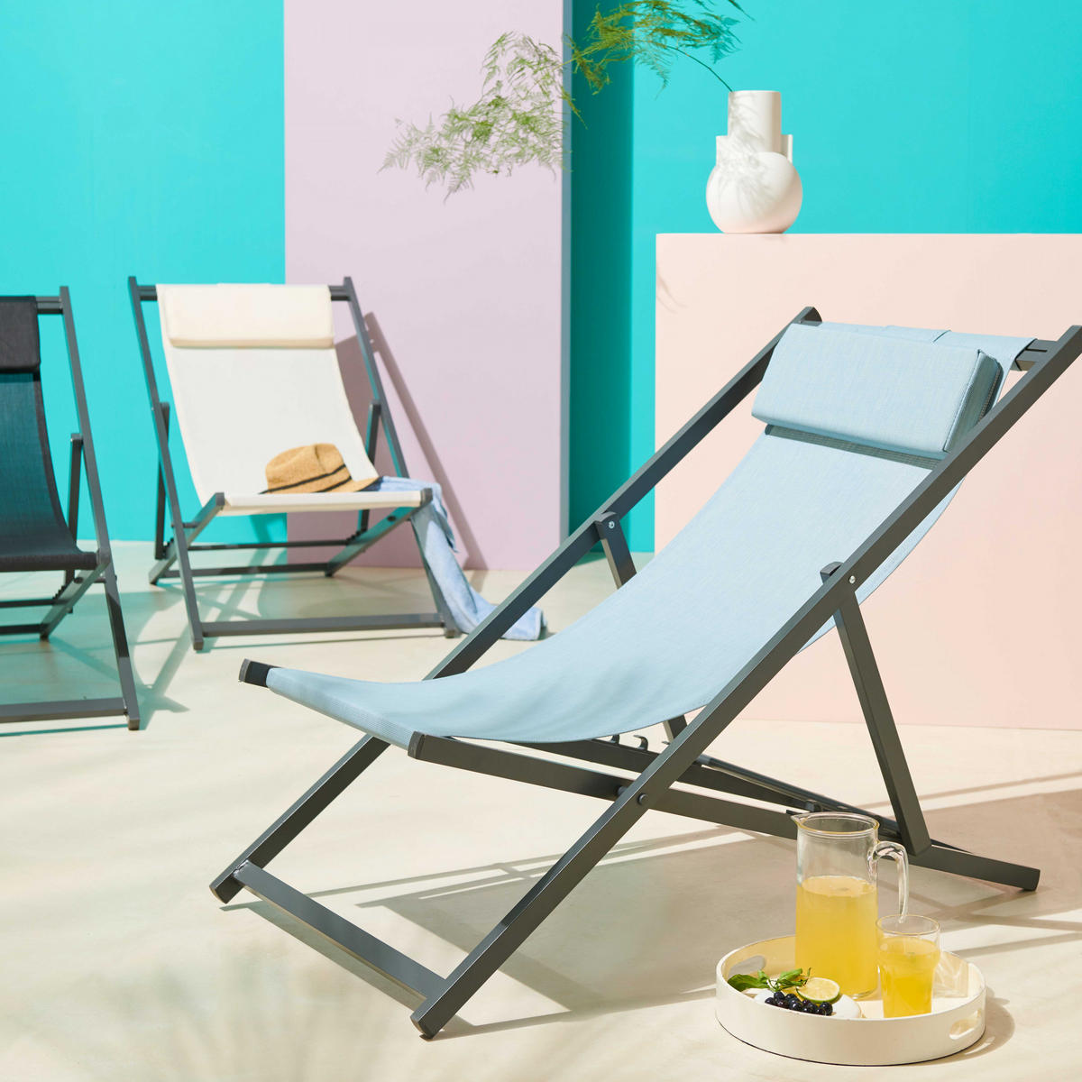 LIEGESTUHL 2-tlg., Blau - Blau, Metall (61/74/102cm) - Oviala