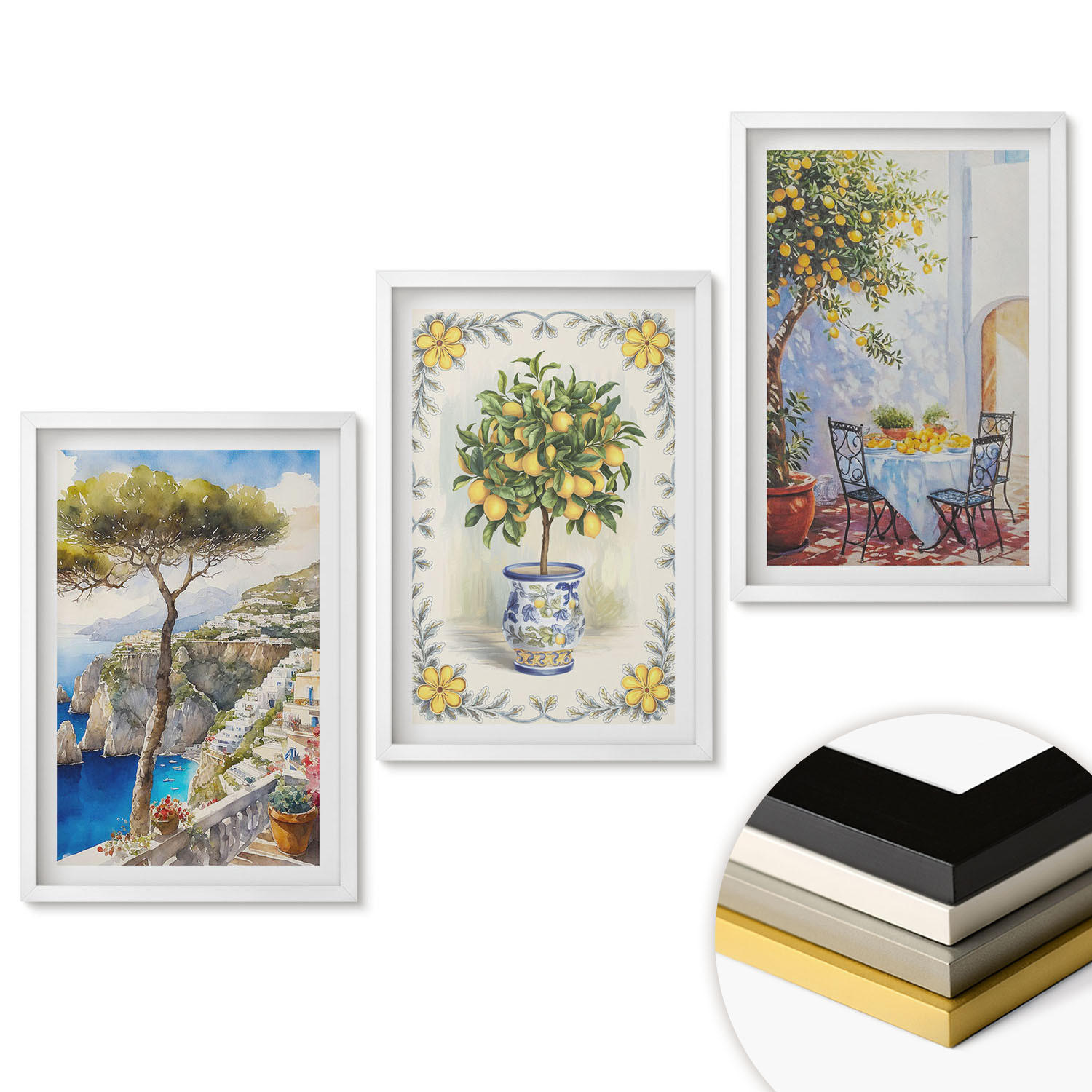WANDBILDER 3er-Set - 40x60 cm Weißer Rahmen - Blick auf das Meer aus Zitronenbäumen - Weiß, Kunststoff (40/60cm) - ArtPrintCave