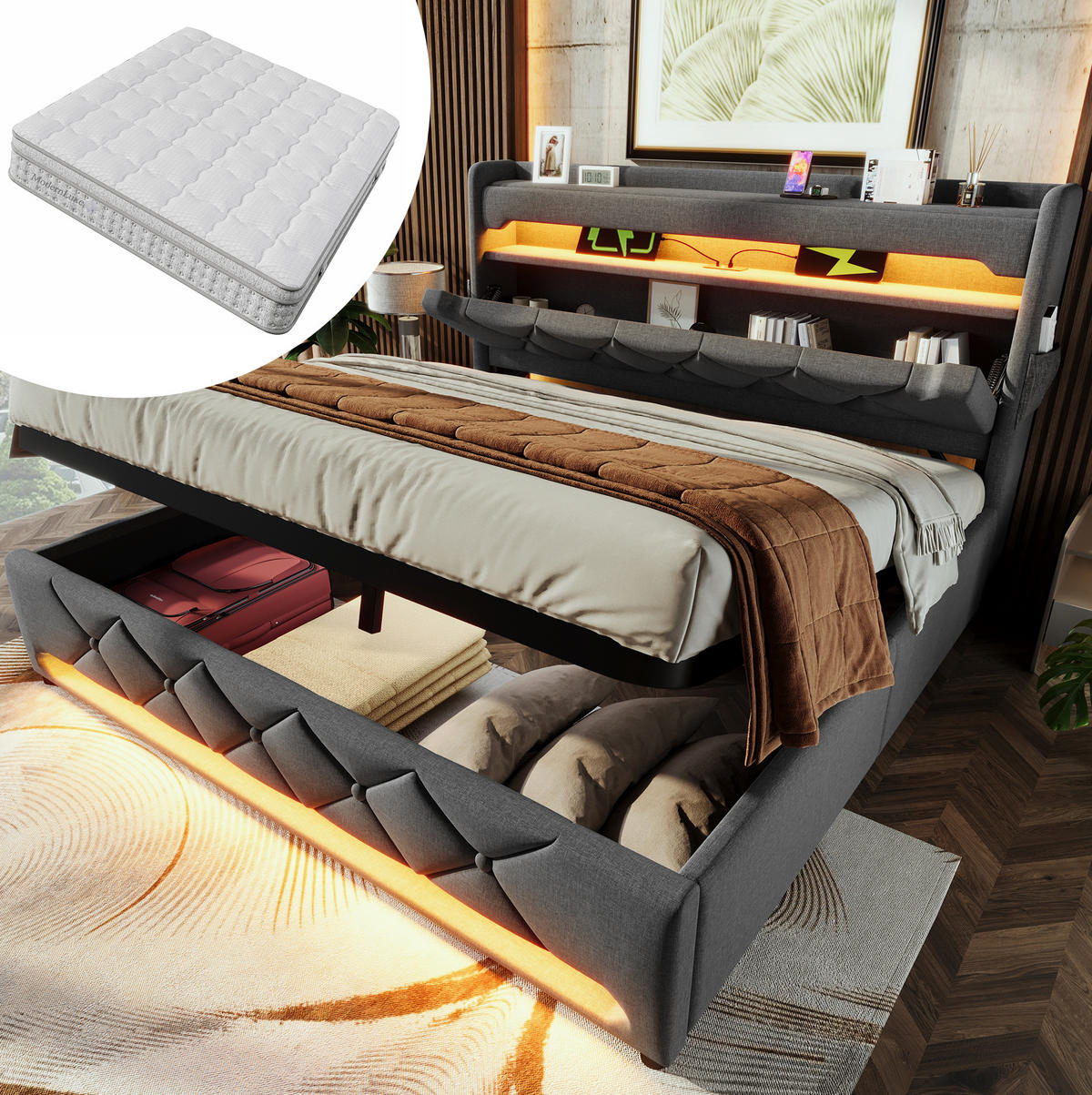POLSTERBETT aus Leinen 180x200 cm Grau mit Matratze, LED, USB-C und hydraulischem Bettkasten - Grau, Textil (180/200cm) - Modfu