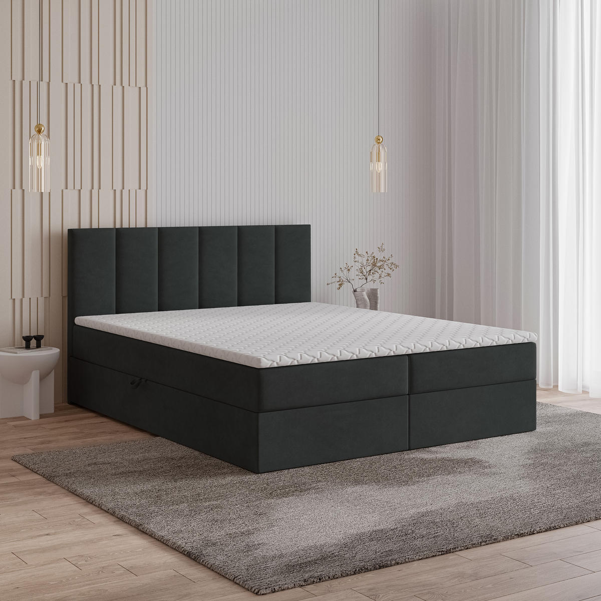 POSTEL BOXSPRING MERIL 160x200 cm, s matrací a úložným prostorem, černá - černá, kompozitní dřevo/textil (160/200cm) - MASSENO