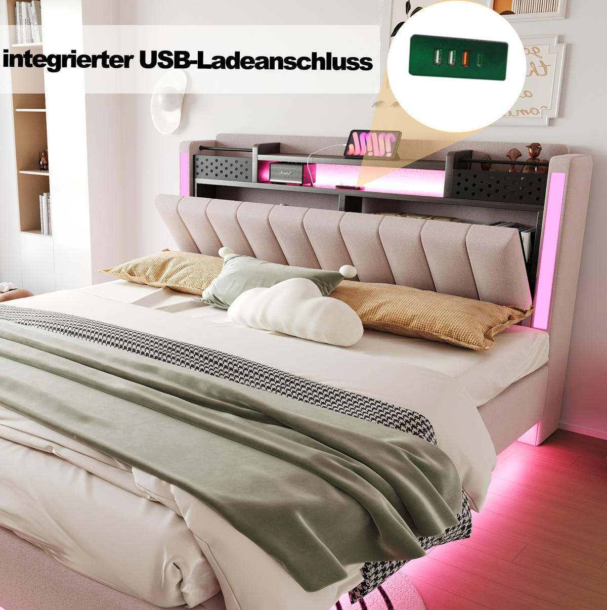 POLSTERBETT 160/200 cm Beige aus Leinenstoff mit LED und USB - Beige, Textil (160/200cm) - OKMYHOME