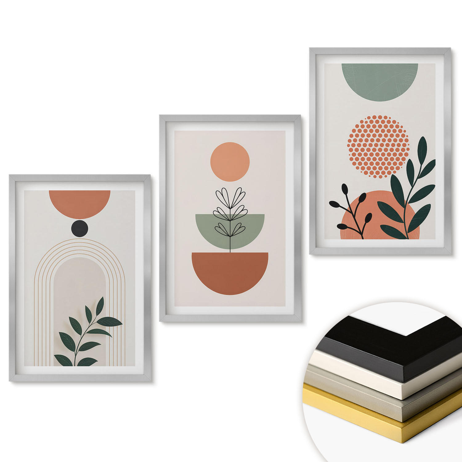 WANDBILDER 3er Set - 40x60 cm Silberner Rahmen - Moderne Pflanzenmotive - Silberfarben, Kunststoff (40/60cm) - ArtPrintCave