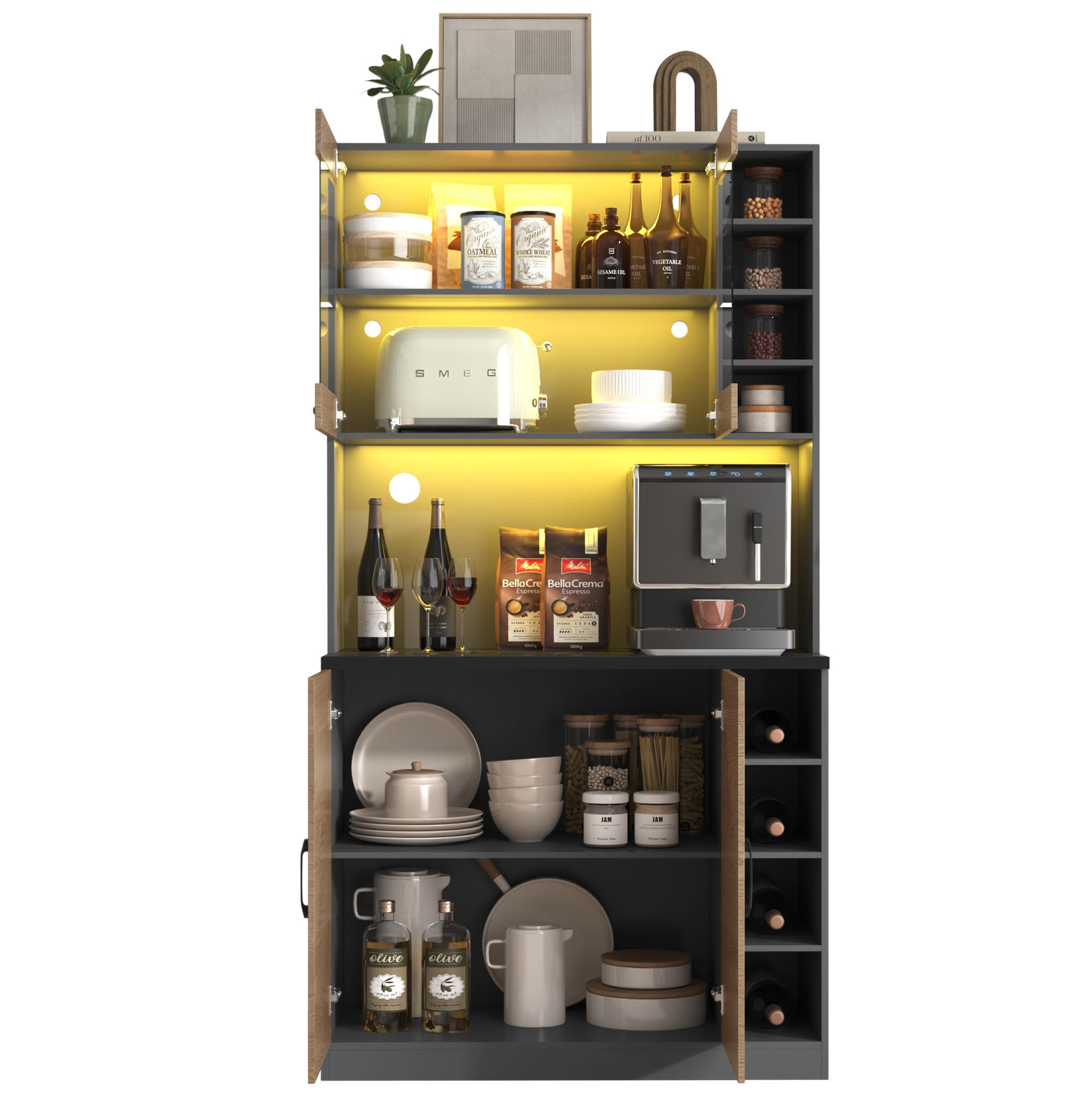 BUFFET 100/47/187 cm mit LED-Beleuchtung & Mikrowellenfach in Grau/Natur - Naturfarben, Holzwerkstoff (100/187/47cm) - BEAOK