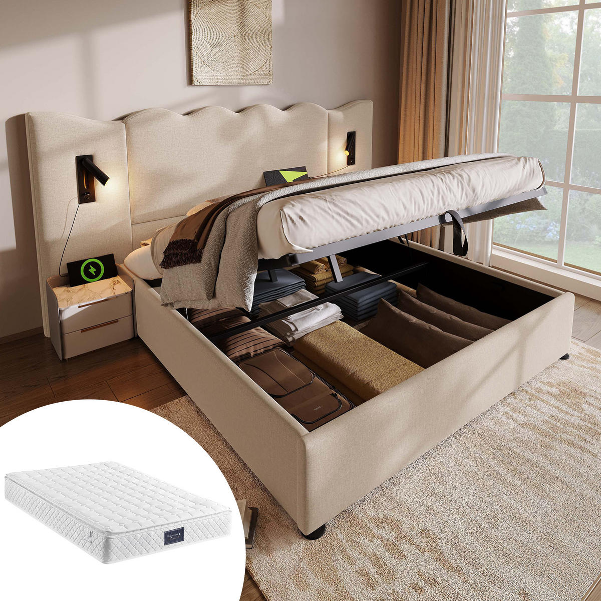 POLSTERBETT 160/200 cm in Beige Leinen mit Bettkasten, Leselampe und USB/Type-C - Beige, Holzwerkstoff/Textil (160/200cm) - WISHDOR