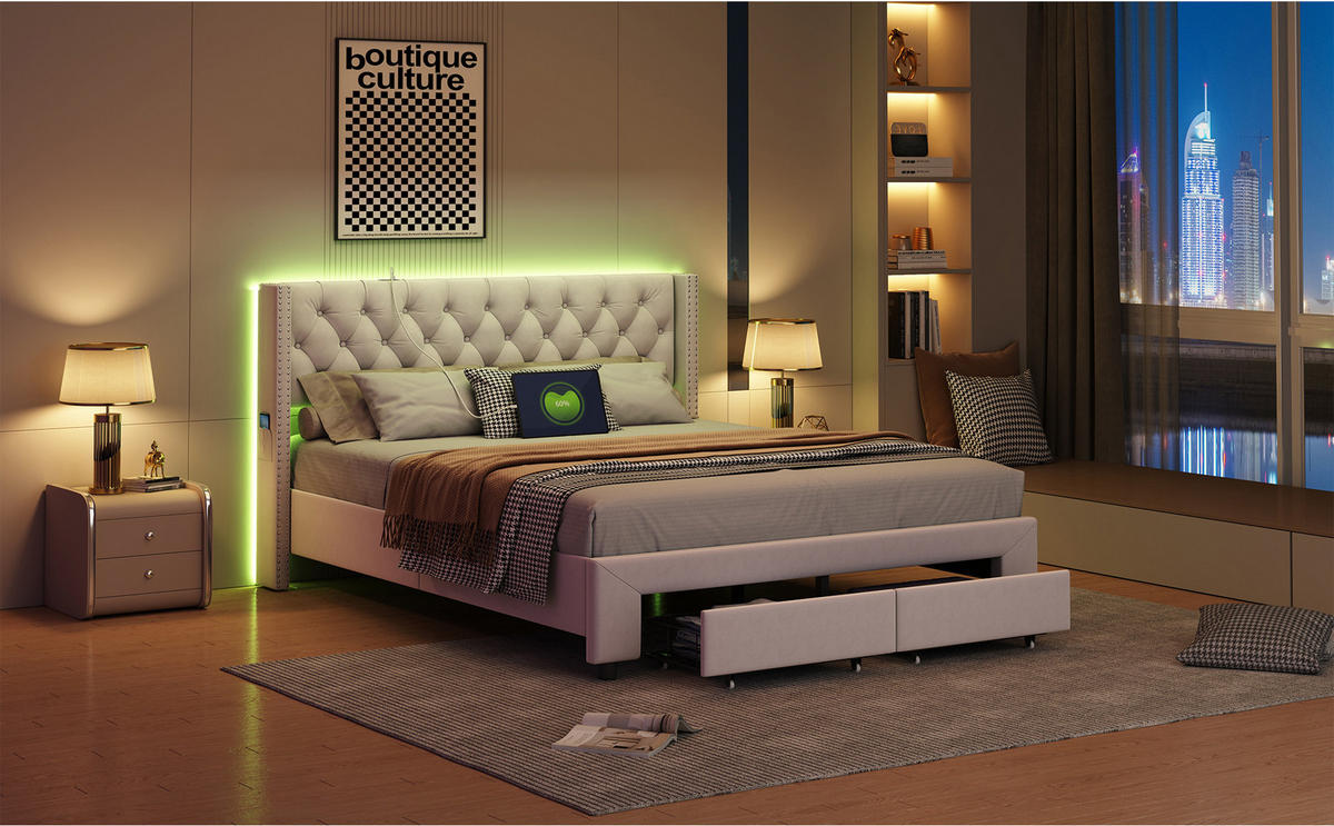 POLSTERBETT 140x190 cm Beige Samt LED USB Schublade - Beige, Holz (140/190cm) - SHOPENTRA