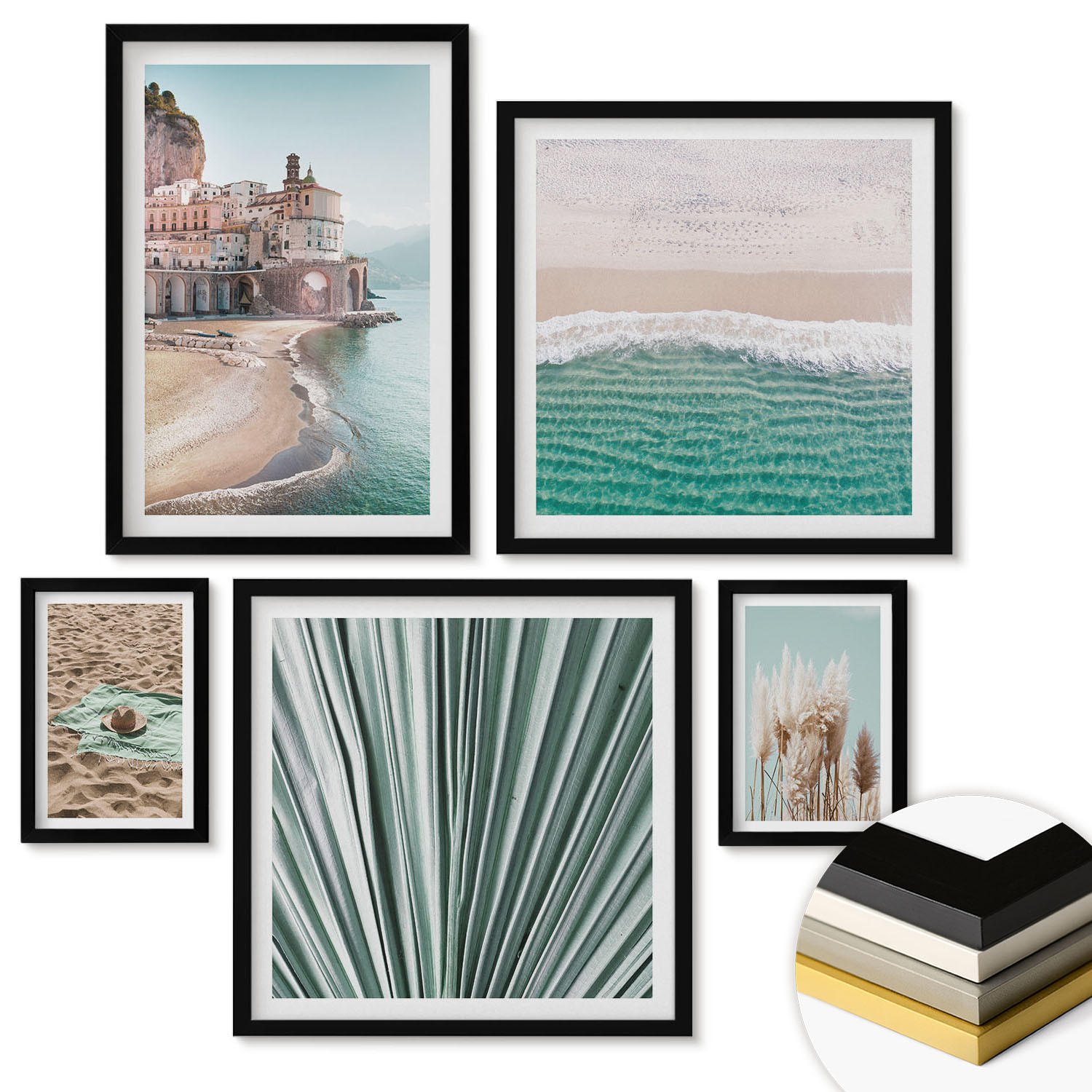 WANDBILDER 5er-Set - 50x50 cm & 20x30 cm & 40x60 cm Schwarzer Rahmen - Strandwellen Grashut - Schwarz, Kunststoff (40/60cm) - ArtPrintCave