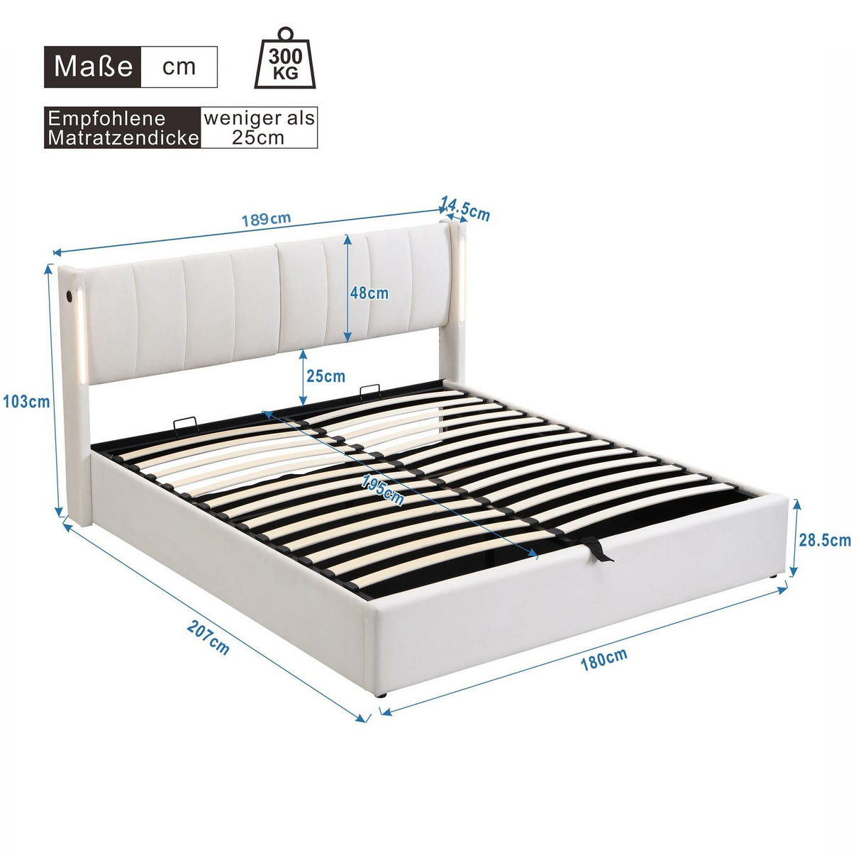 ČALOUNĚNÁ postel 180/200 cm bílá z PU s LED osvětlením, USB portem a úložným prostorem - bílá, plast (180/200cm) - OKWISH