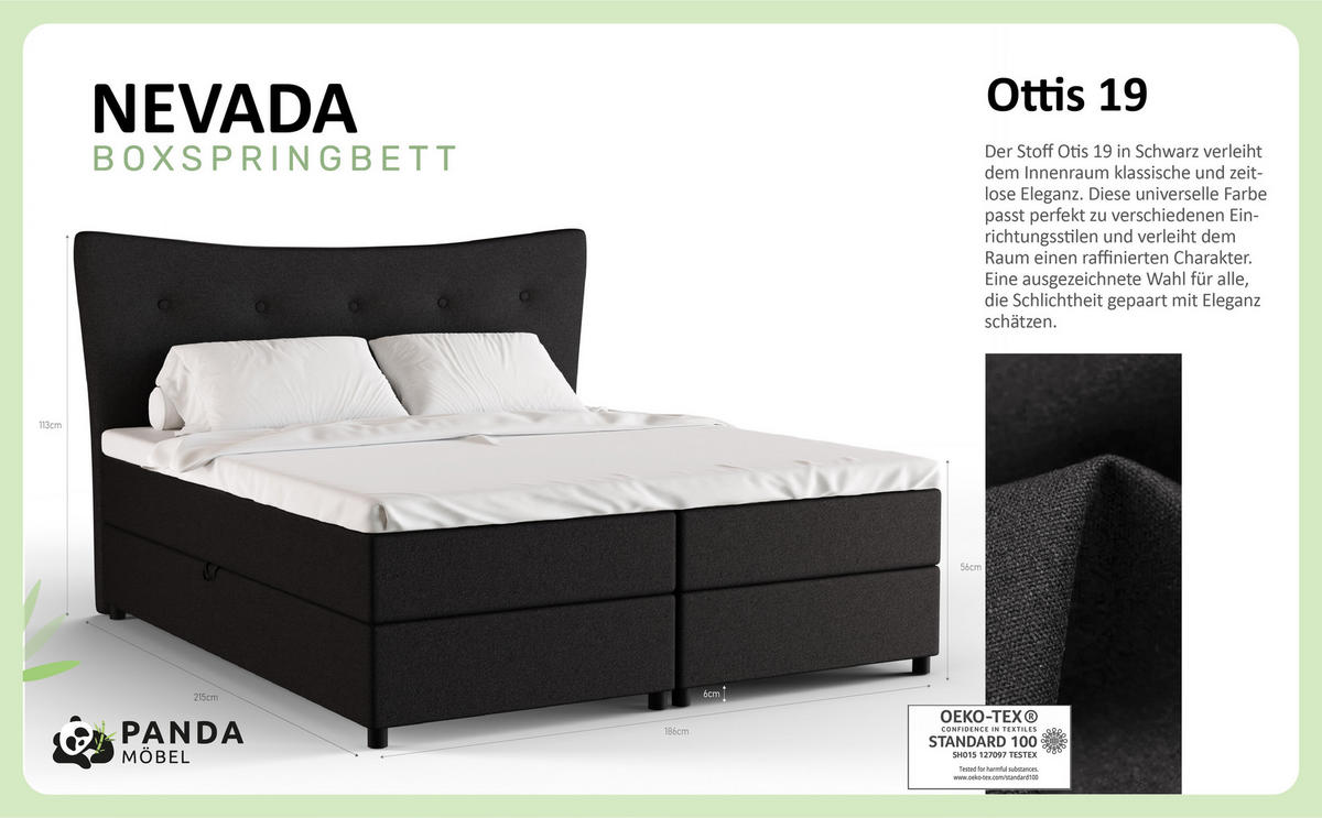 BOXBETT Nevada 180 x 200 cm Doppelbett mit hochwertiger Bonell-Matratze und Topper - schwarz - Schwarz, Holz (180/200cm) - Panda Möbel