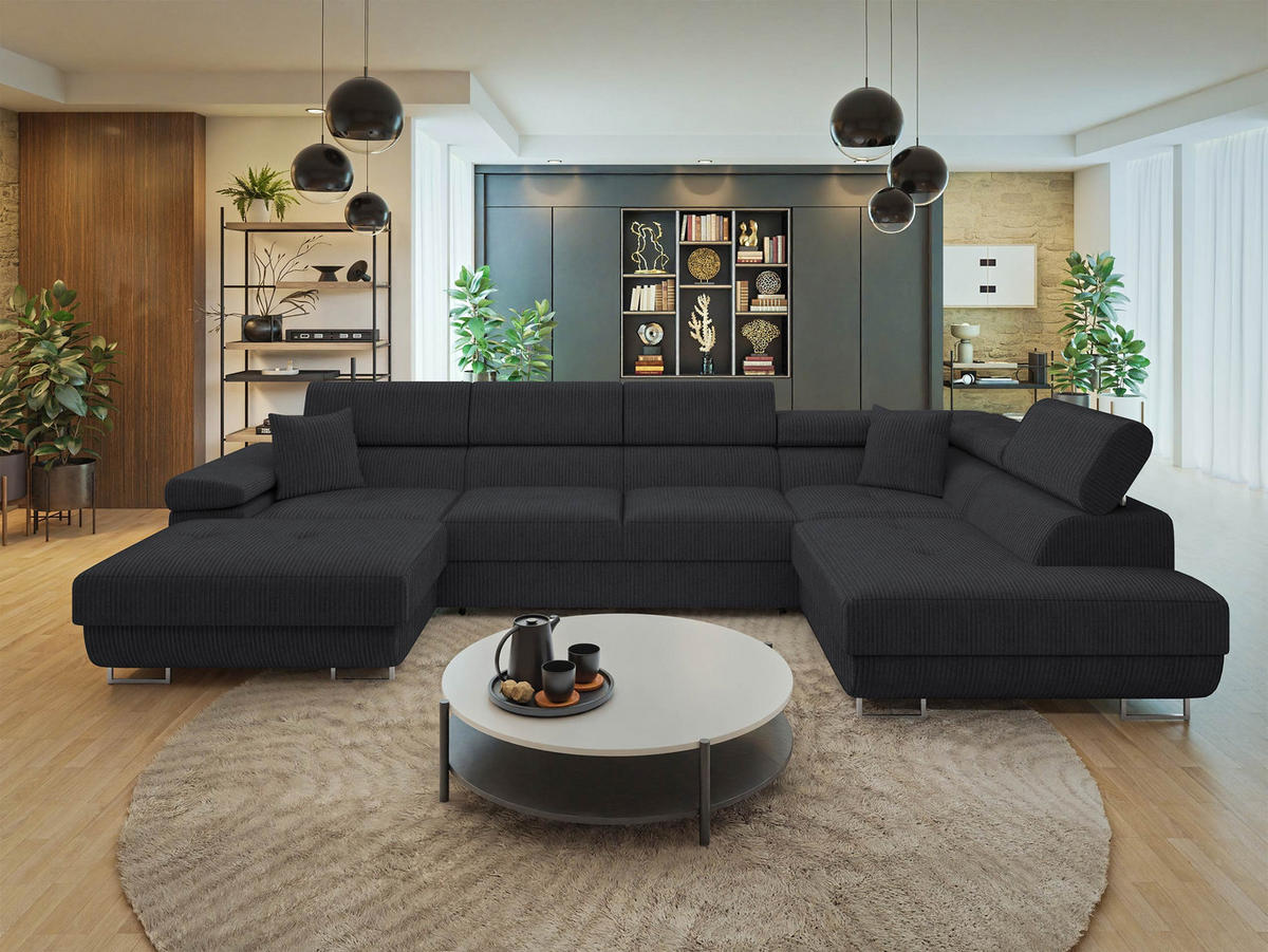 WOHNLANDSCHAFT Torezio Bis Cord, Seite: Rechts - Schwarz, Holz/Textil (346/90/203cm) - MIRJAN24