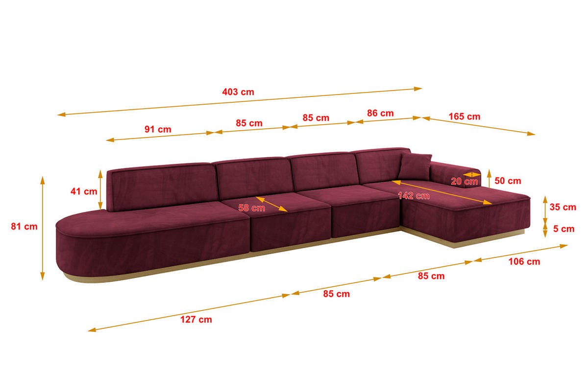 ECKSOFA Ottomane Rechts IREA-L3-v2 - 403x165x81 cm Bordeauxrot - Bordeaux, Holzwerkstoff/Textil (403/165cm) - ALTDECOR