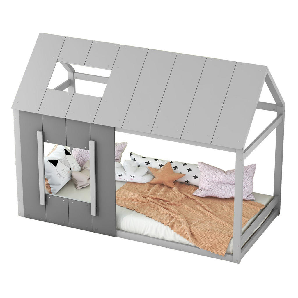 OKWISH DĚTSKÁ postel 90/200 cm šedá z borovice a MDF ve tvaru domku s oknem a střechou