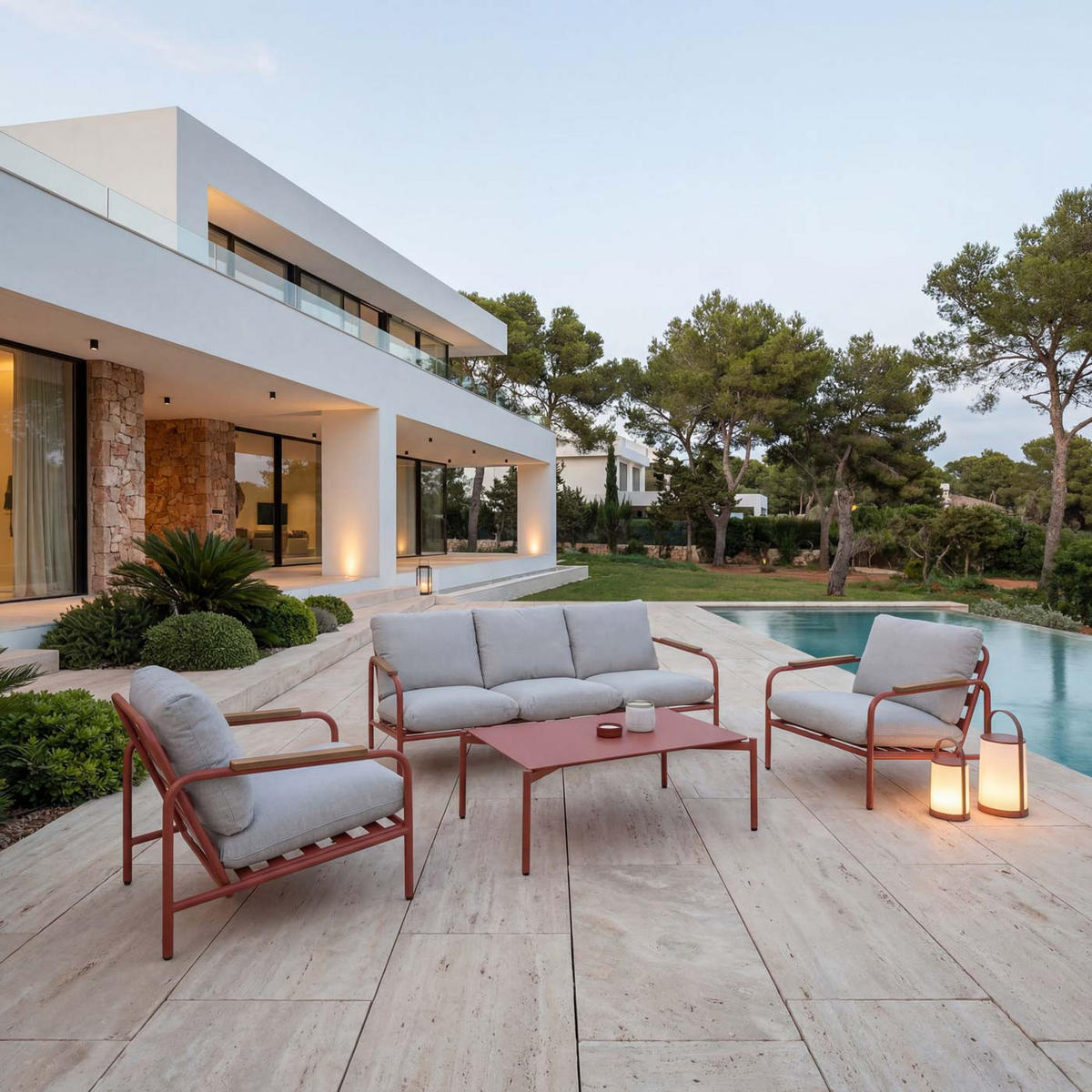 GARTENGARNITUR Rot, Beige 1x 3-Sitzer Gartenbank, 2x Sessel und 1x Tisch-Set - Beige/Rot, Metall - MCW