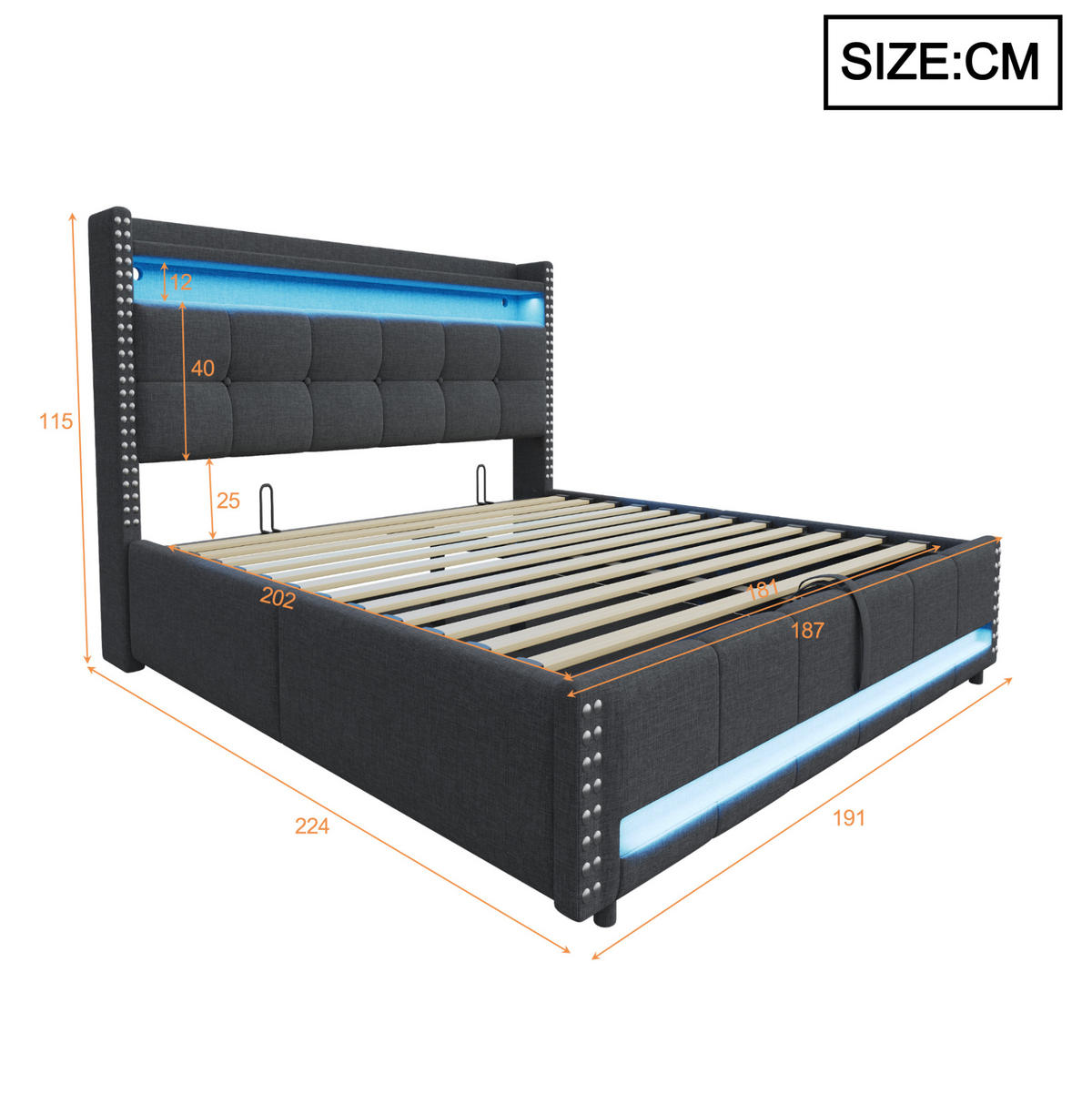 POLSTERBETT 180/200 cm Grau mit LED-Beleuchtung, USB und Stauraum - Grau, Textil (180/200cm) - Flora Grace