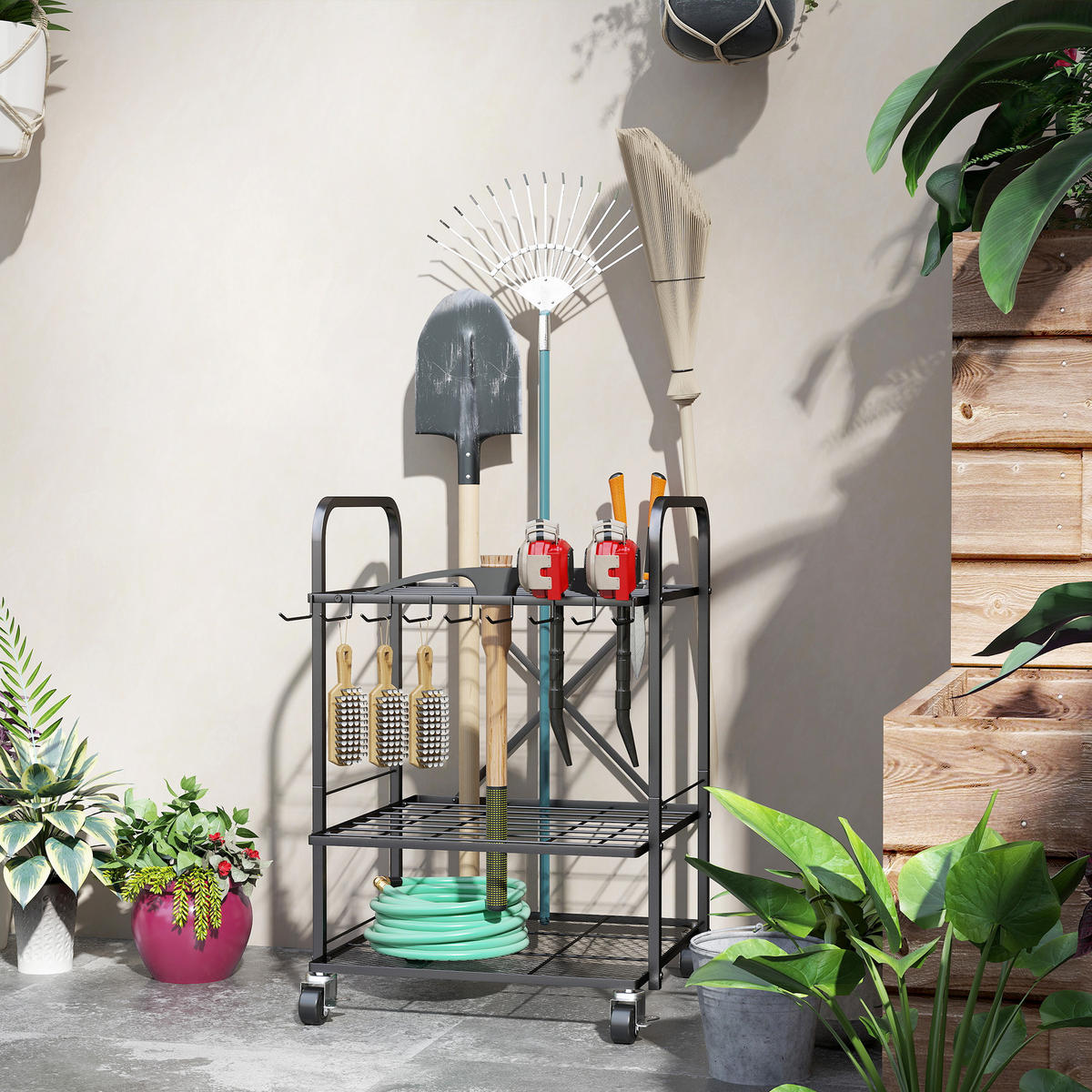 GARTENREGAL DE-13808 mit Rollen und 40 Fächern Schwarz - Schwarz, Metall (48/70/57cm) - ComfortXL
