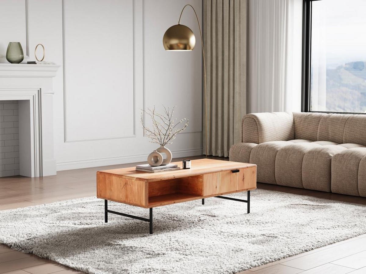 COUCHTISCH mit 2 Schubladen & 2 Ablagefächern - Akazienholz & schwarzes Metall - Holzfarben hell - ALEVIA - Naturfarben, Holz (120/60/40cm) - Vente-Unique