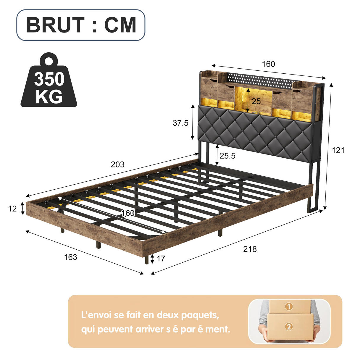 POLSTERBETT 160x200cm, LED, USB, Kopfteil mit Stauraum - Schwarz, Holz