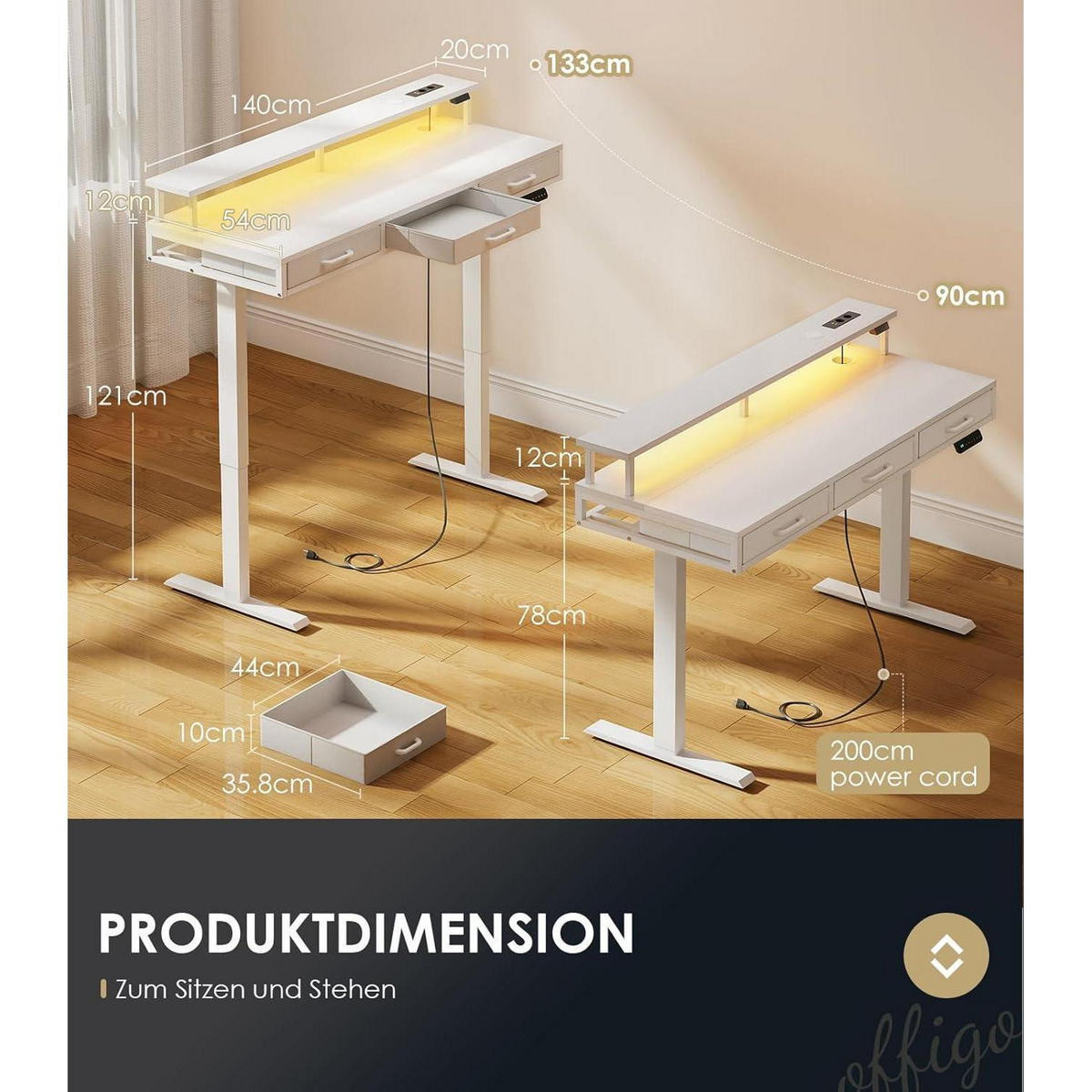ELEKTRISCHER Schreibtisch mit Schubladen 140 cm Weiß - Weiß, Holzwerkstoff (54/140/78cm)