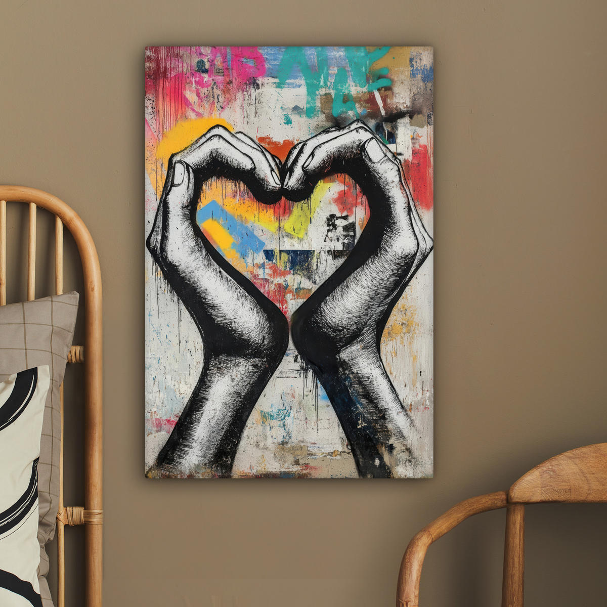 OBRAZ NA PLÁTNE Ruky - Srdce - Street art - Graffiti 60x90 cm - viacfarebná, textil (60/90cm) - MuchoWow