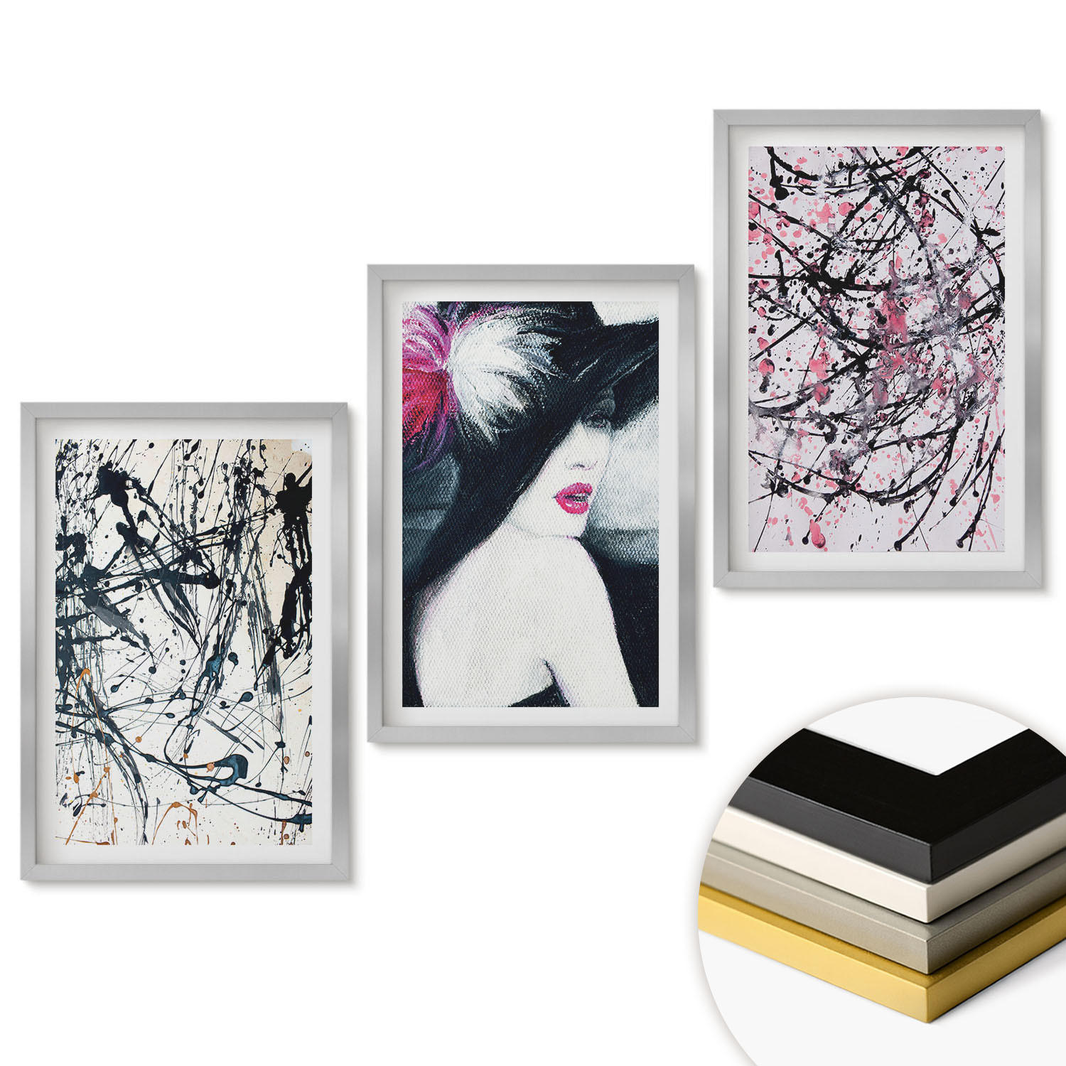 WANDBILDER 3er Set - 40x60 cm Silberner Rahmen - Abstrakte Farbmuster Hut - Silberfarben, Kunststoff (40/60cm) - ArtPrintCave