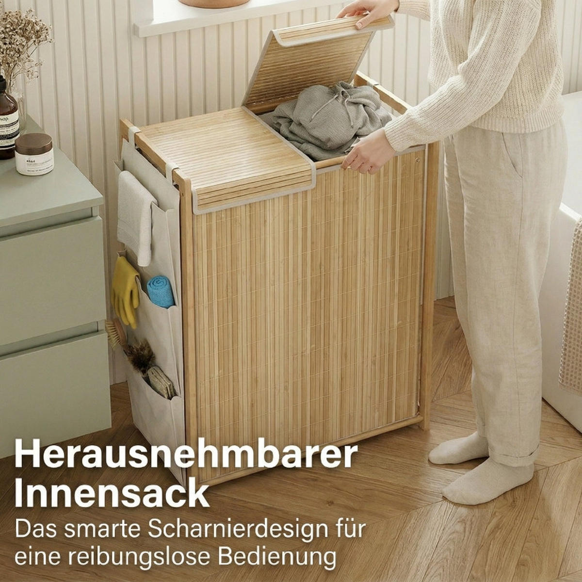 WÄSCHEKORB Bambus 120L mit Deckel, 2 Wäschesäcken & Seitentaschen Natur - Naturfarben, Naturmaterialien (63/78/33cm) - Urban Meuble