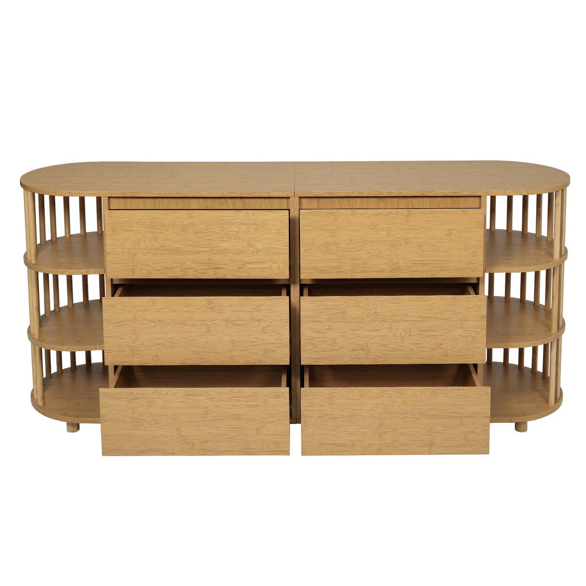 SIDEBOARD aus MDF und Bambus 160x40x75 cm Eiche mit 6 Schubladen, offenen Regalen und höhenverstellbaren Füßen - Naturfarben, Holzwerkstoff (160/75/40cm) - Modfu