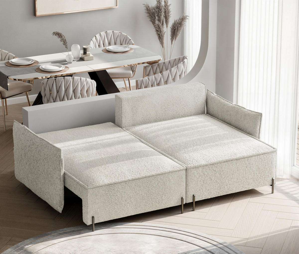 ECKSOFA MARCO Rechts, mit Schlaffunktion und Bettkasten, Creme - Creme, Textil/Metall (221/148cm) - Idohome