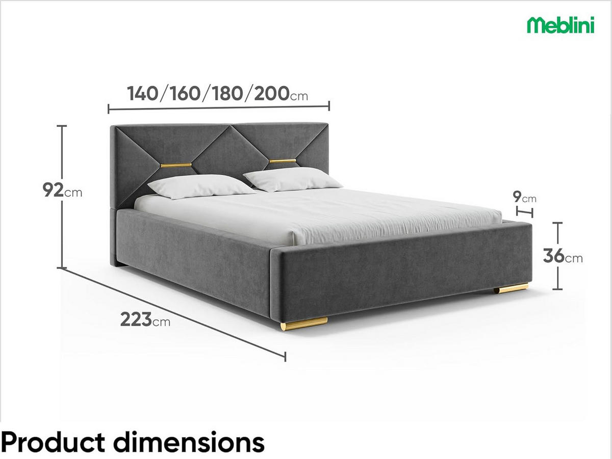 BETT LIZZY - Dunkelgrau/Goldfarben, Holzwerkstoff (120/200cm) - Meblini