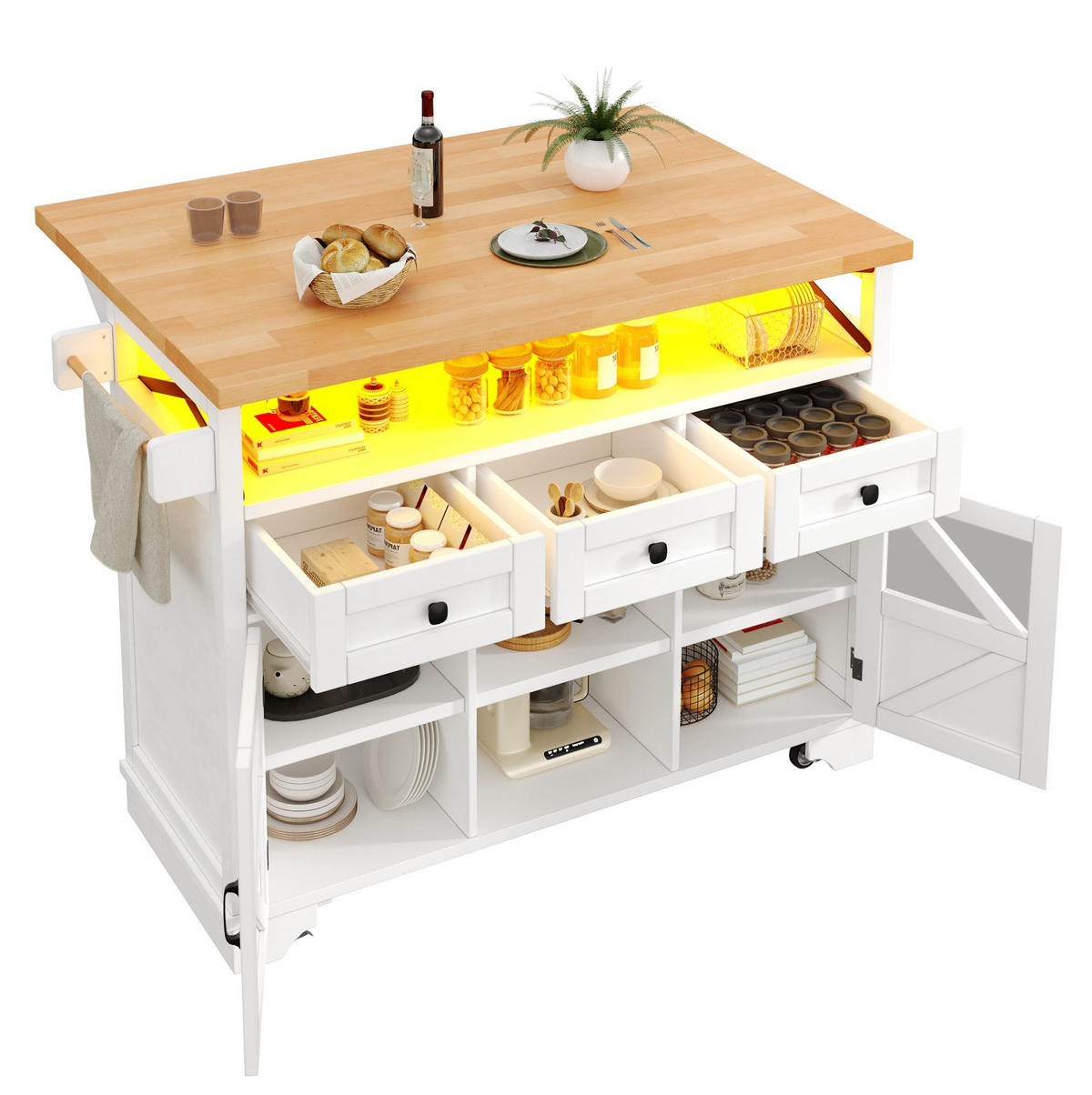 KÜCHENWAGEN mit Klapptisch, LED und Stauraum 120 cm Weiß - Weiß, Holz (71/98/120cm) - Beauniv