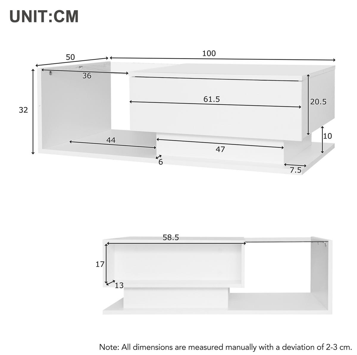 COUCHTISCH, Weiß Hochglanz mit Glas & LED, mit Schublade, 100/50/32 cm,Weiß - Weiß, Holzwerkstoff (100/50/32cm) - Redom
