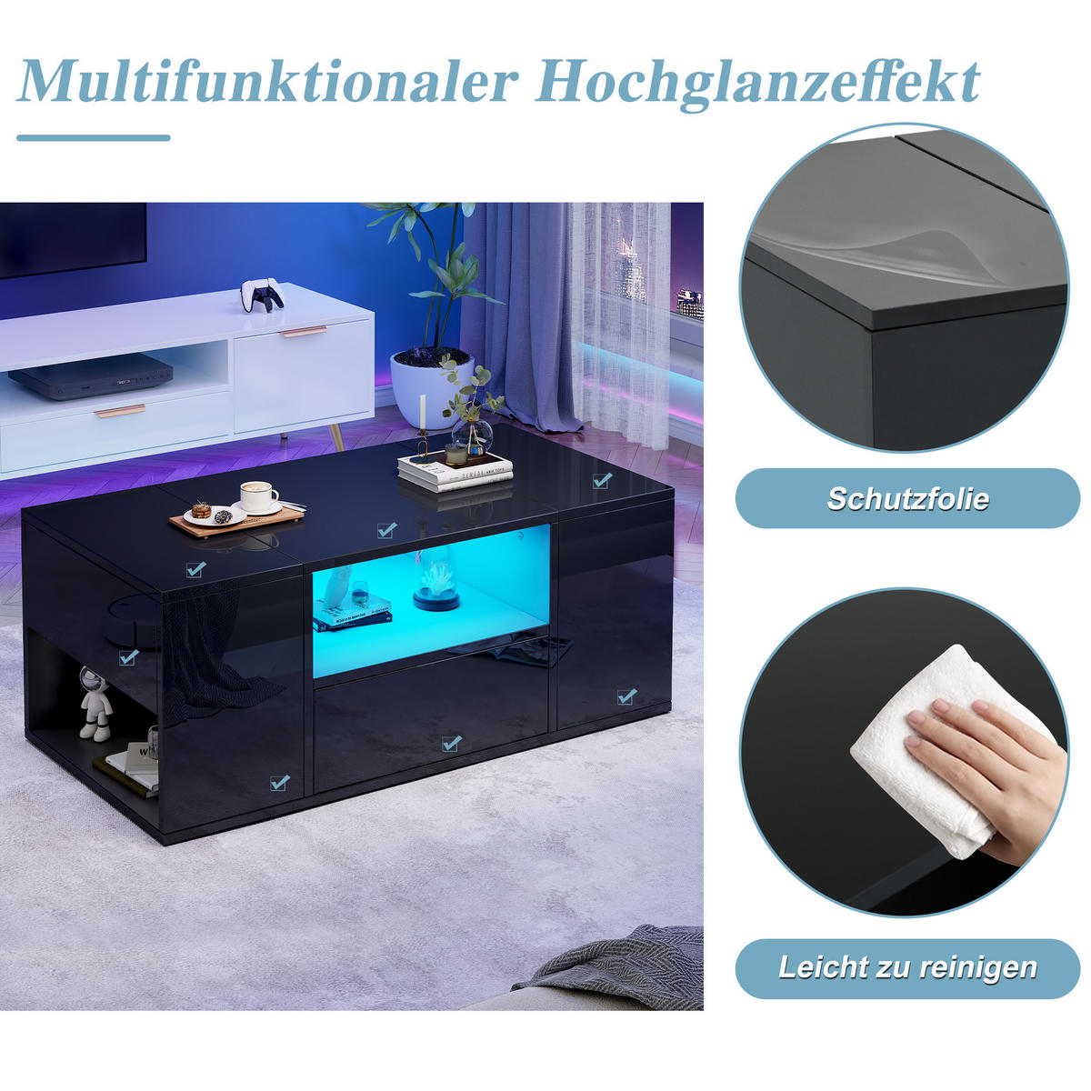 COUCHTISCH DE-151 Schwarz mit LED-Beleuchtung und Stauraum - Schwarz, Holzwerkstoff (50/100/40cm) - ComfortXL