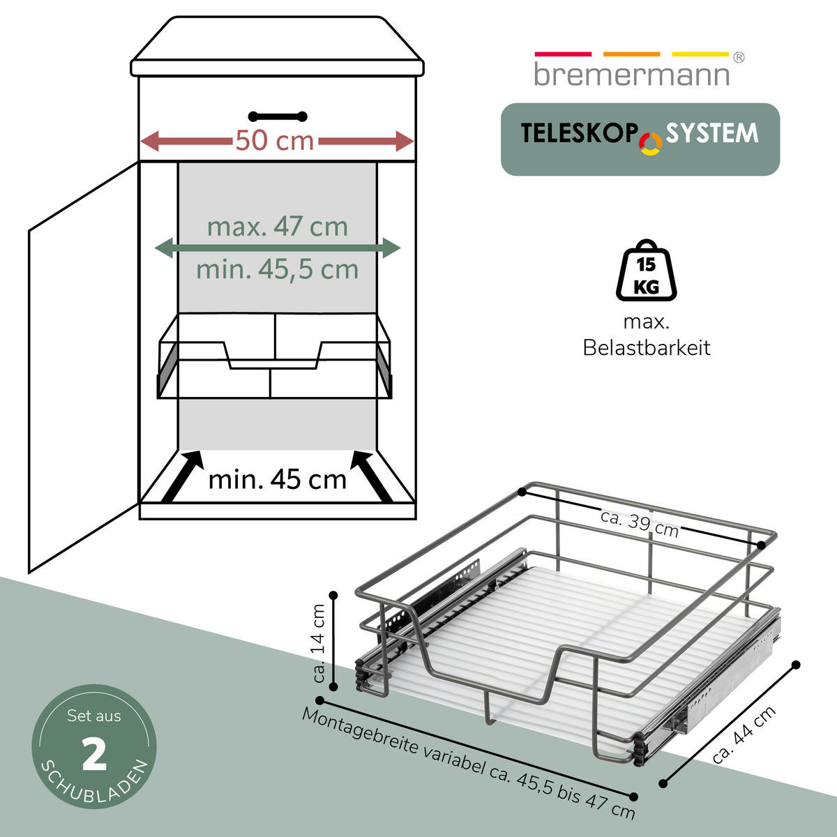 TELESKOPSCHUBLADEN (2er Set), für 50 cm Schrank, Metall, Grau - Chromfarben, Metall (47/14/44cm) - bremermann