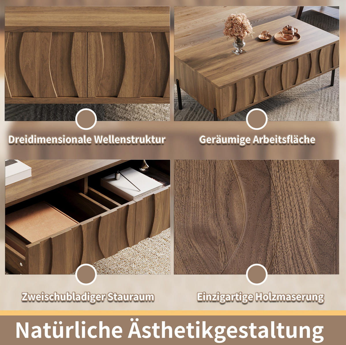 KONFERENČNÍ stolek 105/55/41 cm přírodní z MDF a dřevotřísky se 2 zásuvkami - přírodní, kompozitní dřevo (105/55/41cm) - OKWISH