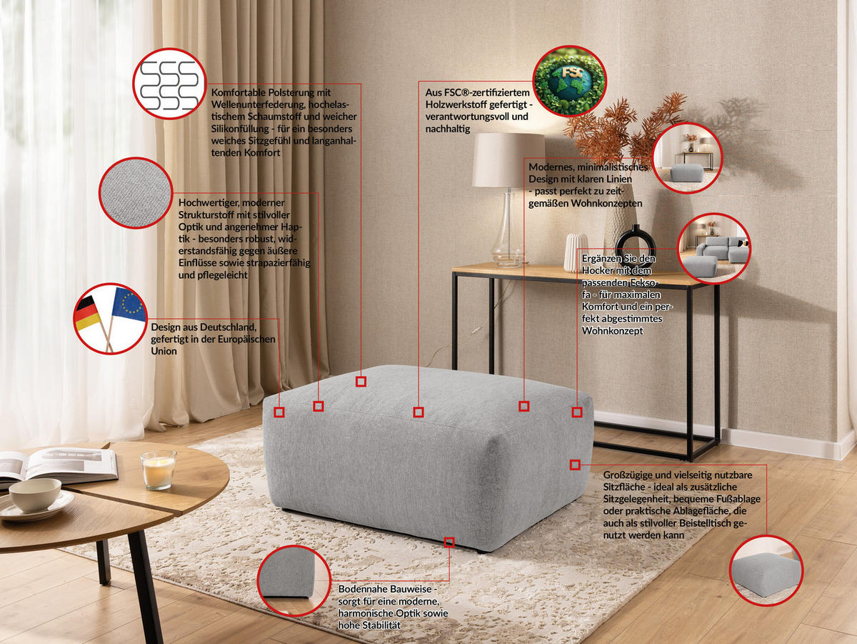 ECKSOFA inkl. Hocker Lennon aus Hellgrau Strukturstoff mit Schlaffunktion und Bettkasten - Hellgrau/Schwarz, Holz/Kunststoff (137/264cm) - S-Style