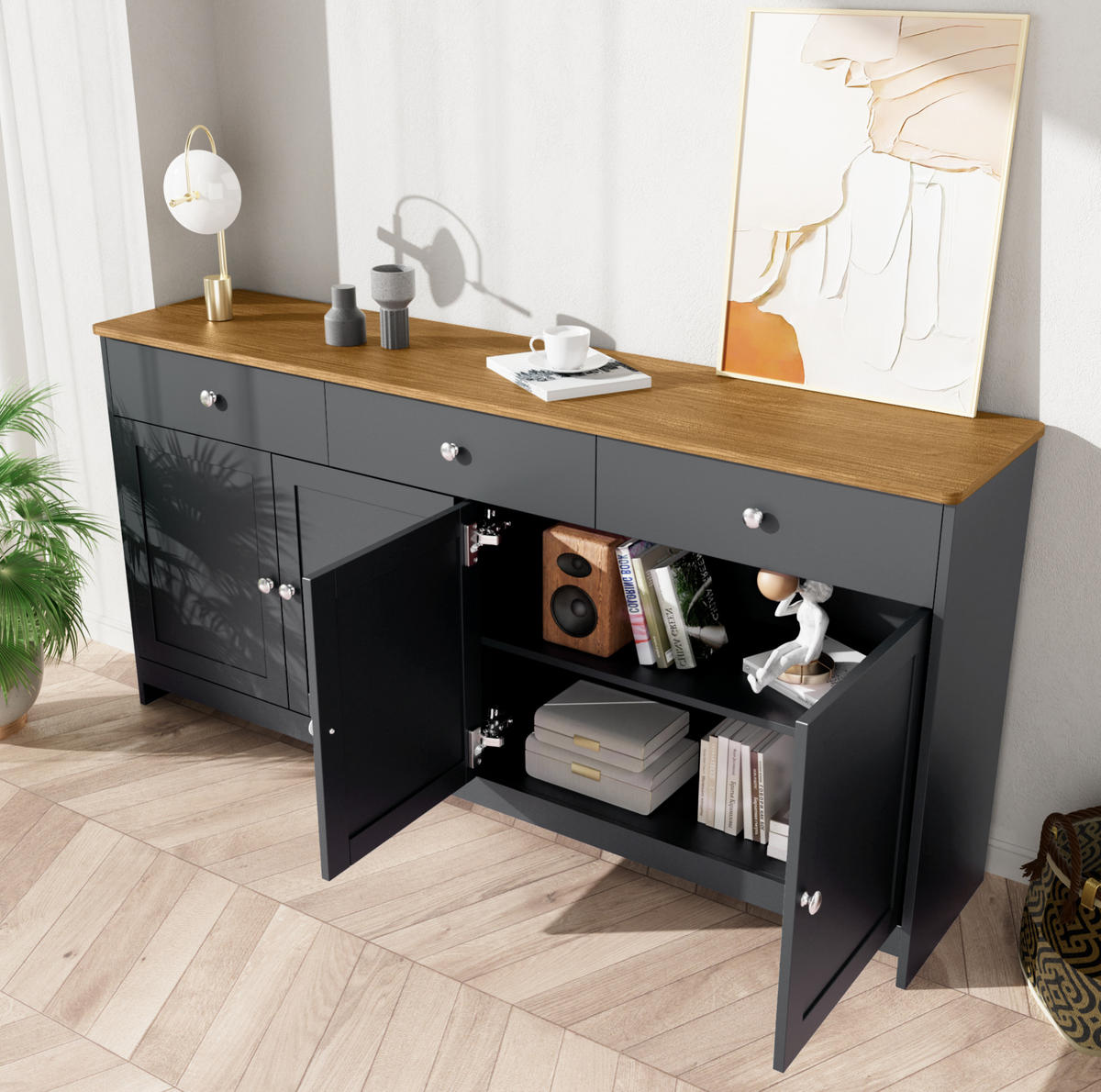 SIDEBOARD 160/37/75 cm grauschwarz aus MDF mit 3 Schubladen - Schwarz, Holzwerkstoff (160/75/37cm) - OKWISH